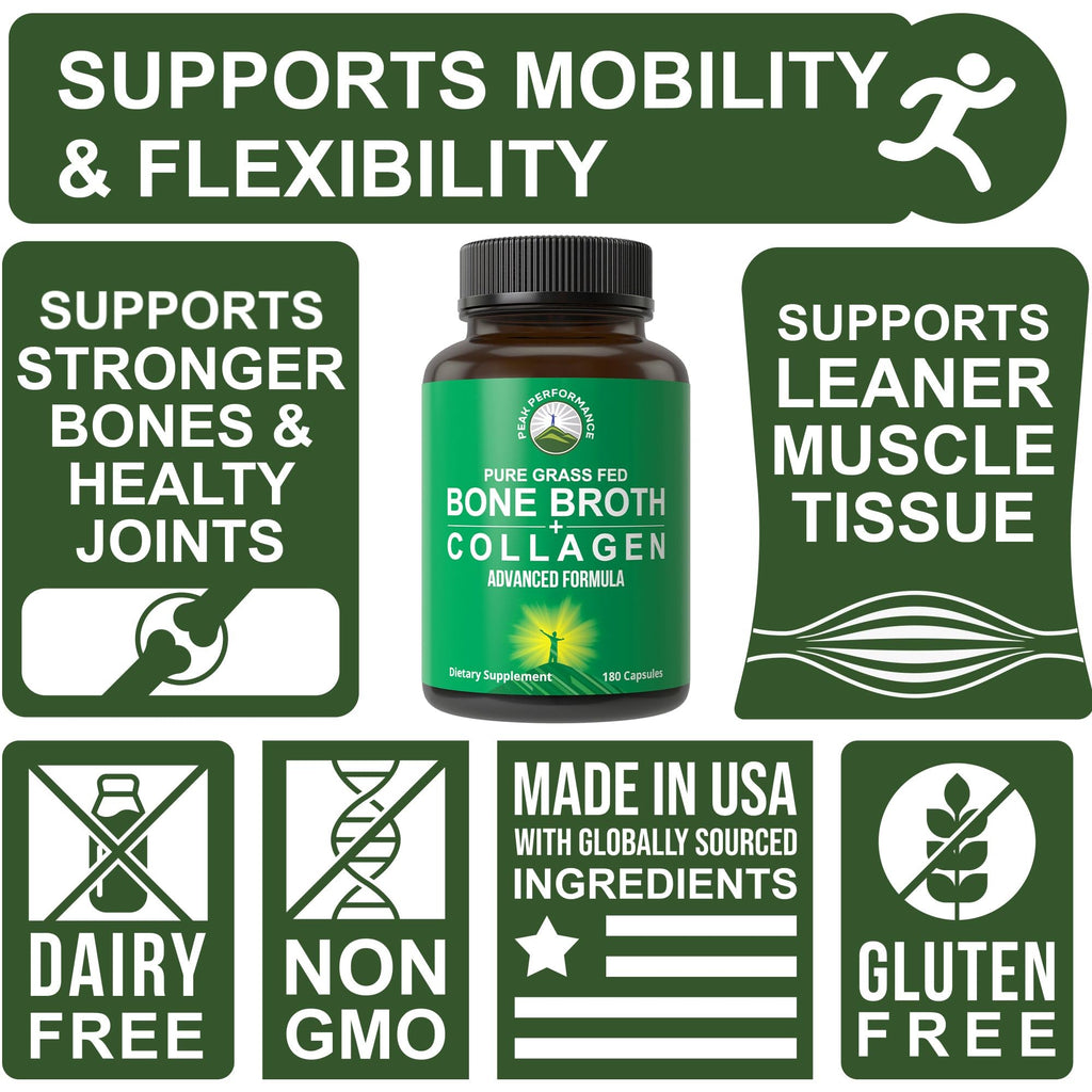 Peak Performance Bone Broth Collagen Capsules - 180 Pills of Grass Fed Bone Broth Collagen Protein Peptides - Contains All 3 Types 1, 2, and 3 - Pure Pasture