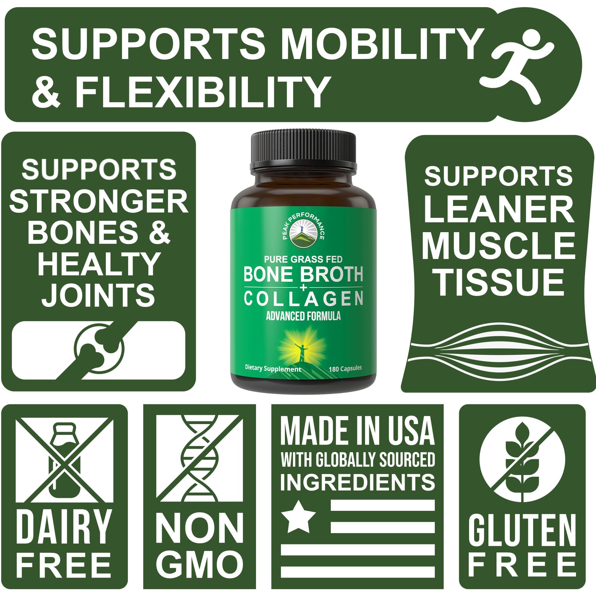 Peak Performance Bone Broth Collagen Capsules - 180 Pills of Grass Fed Bone Broth Collagen Protein Peptides - Contains All 3 Types 1, 2, and 3 - Pure Pasture