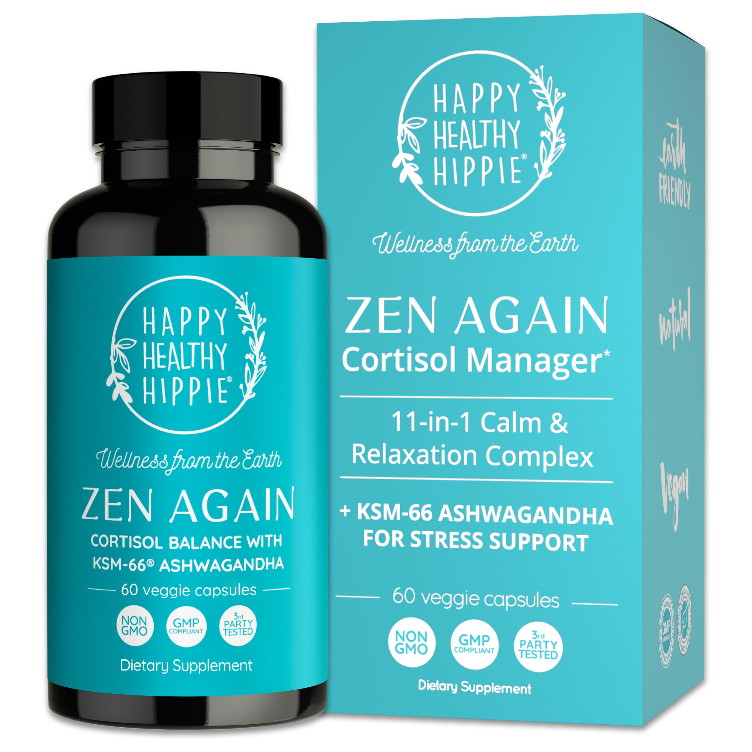 Zen Again Cortisol Manager with Ashwagandha KSM-66® | Cortisol Supplements for Women | 11-in-1 Complex | Natural Stress Support Supplement with L-Theanine, Rhodiola & Magnesium | Vegan, 60 Ct Happy Healthy Hippie Au supplements