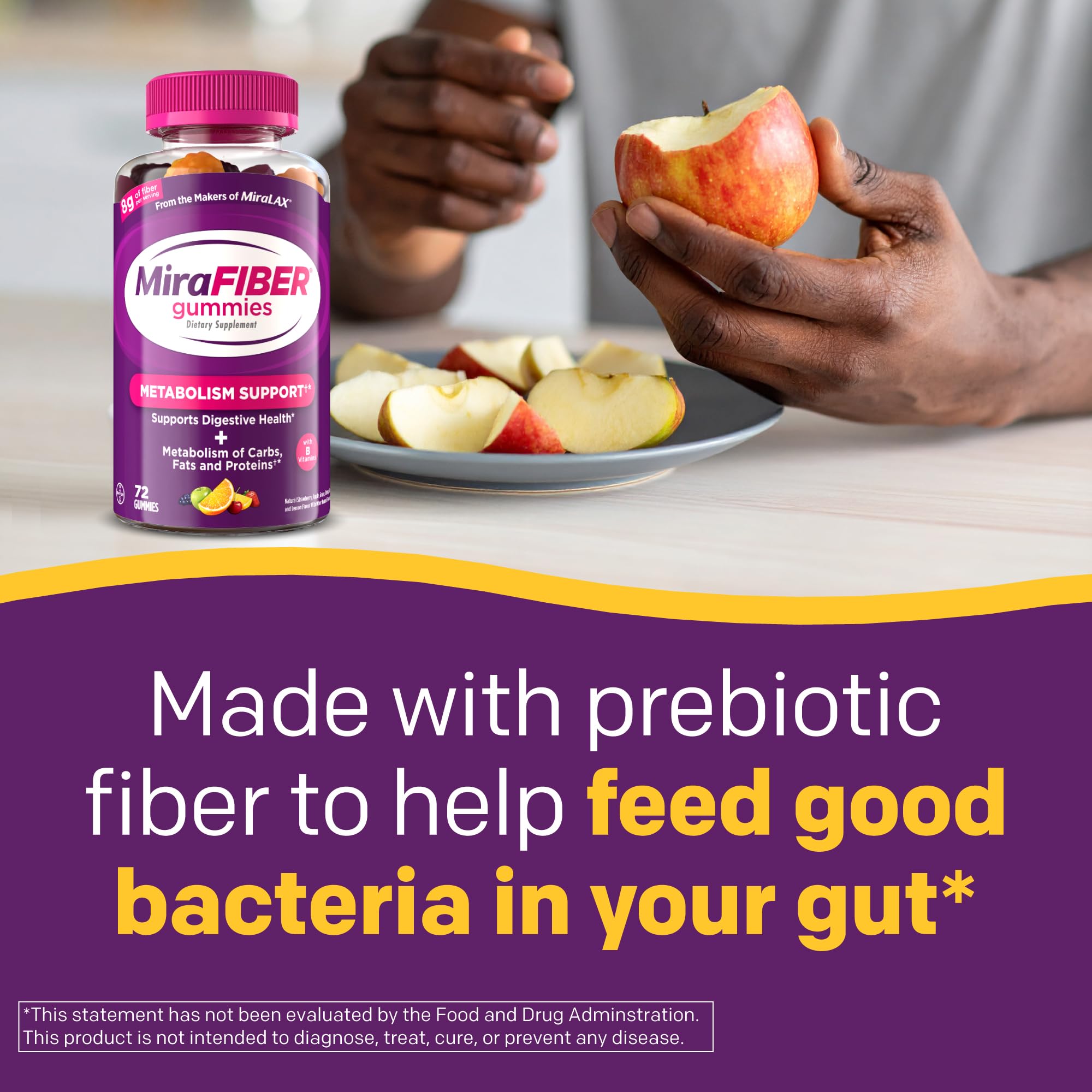 MiraFIBER Gummies from The Makers of MiraLAX, 8g of Daily Fiber Per Serving, Metabolism Support with B Vitamins, Gut Health for Men & Women