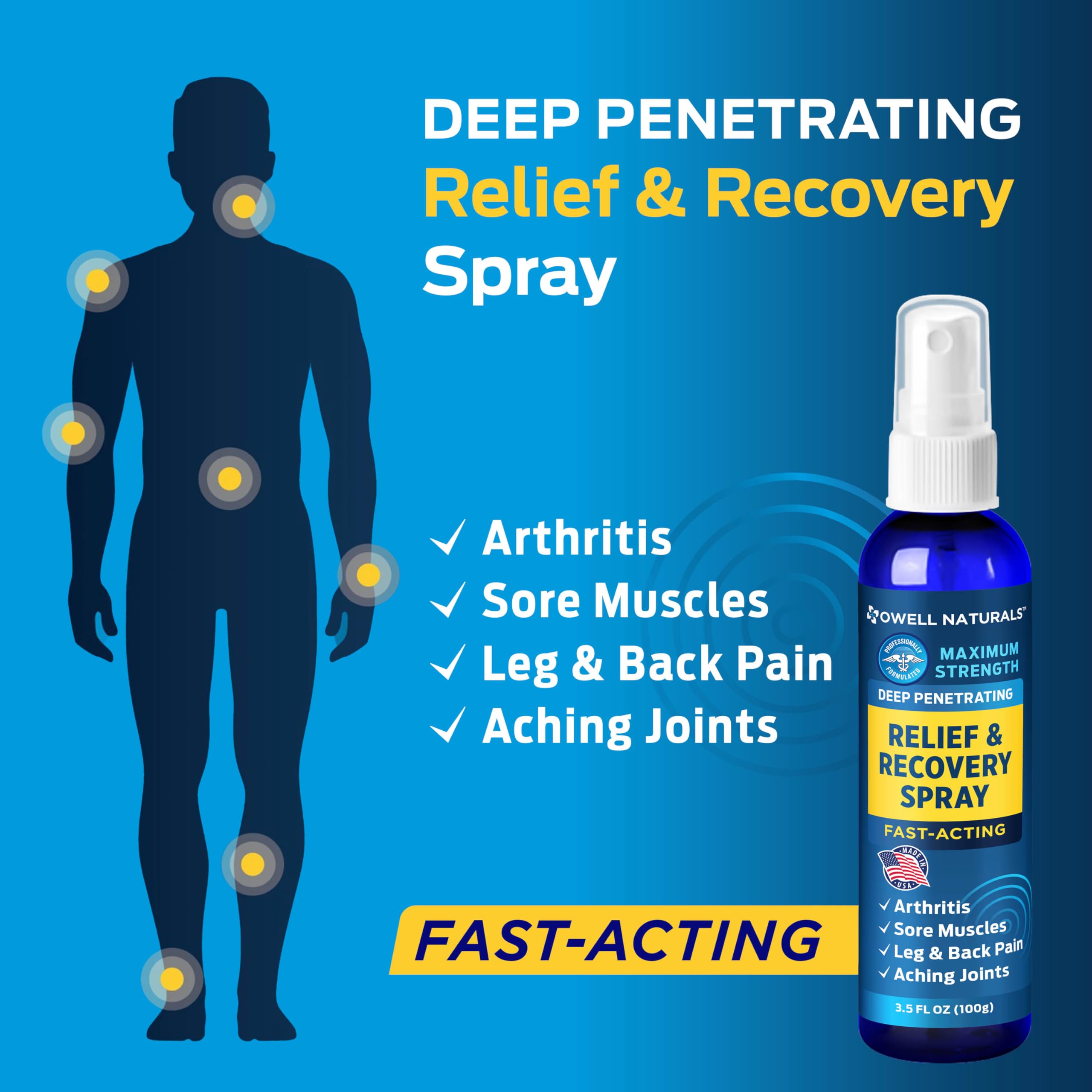 OWELL NATURALS Deep Penetrating Pain Relief Liquid Spray, Fast-Acting, Long Lasting, Natural Relief for Muscle Aches, Joint Pain, Stiffness, Quick Dry Formula, 3.5 oz Owell Naturals Au supplements