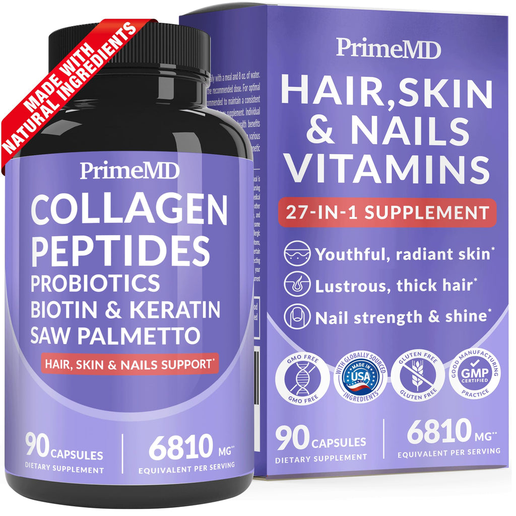 27-in-1 Hair Skin and Nails Vitamins (6810mg) with Biotin 10000mcg - Collagen Supplements for Men and Women - Keratin Supplements with Probiotics