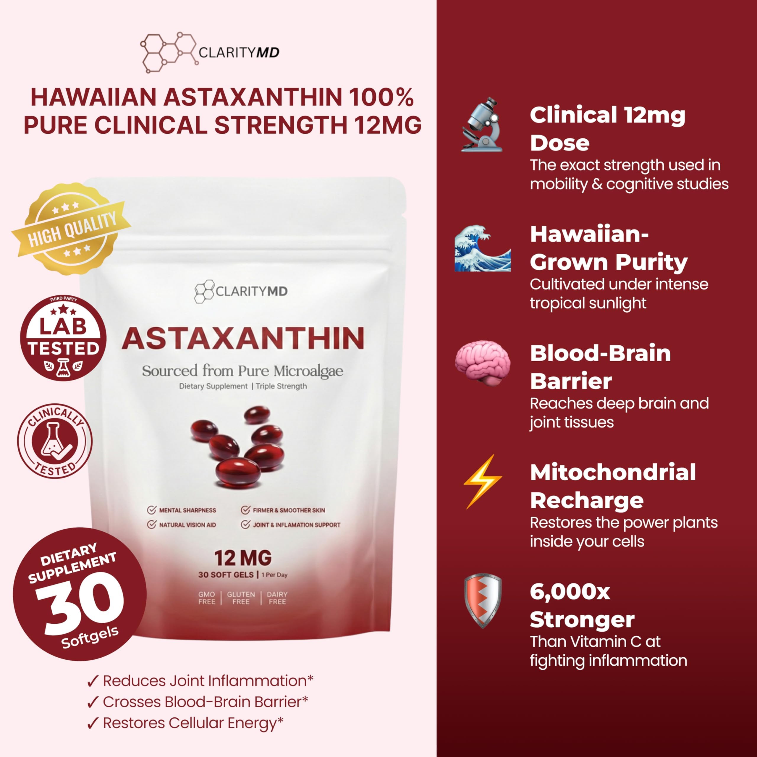 ClarityMD Astaxanthin 12mg Antioxidants Supplement – Natural Microalgae Source – Lipid-Based Softgel for Enhanced Absorption – Cognitive
