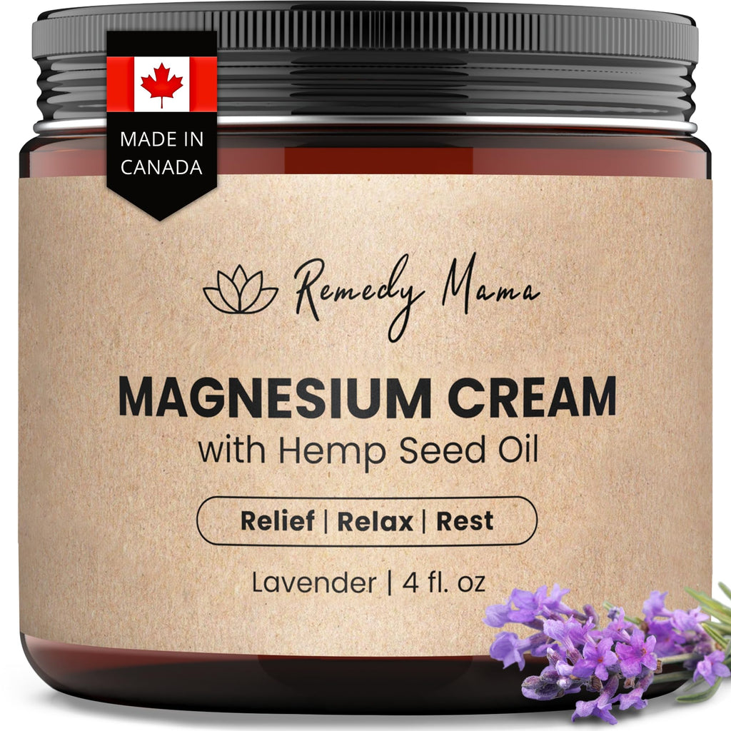 Remedy Mama Magnesium Cream for Sleep, Cramps & Muscle Soreness – with Hemp Seed Oil, Jojoba, Shea & Mango Butter – Natural, Skin-Friendly & Safe for Kids – Lavender – 4oz Glass Jar – Made in Canada Remedy Mama Au supplements