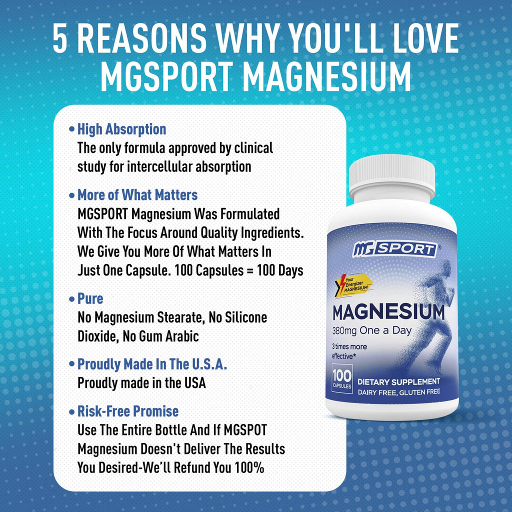 MGSPORT Magnesium Supplement 380mg - High Absorption Magnesium Complex Formula with Vitamins B6, D, E - Supports Muscle Function and Sleep Quality - 100 Servings MgSport Au supplements
