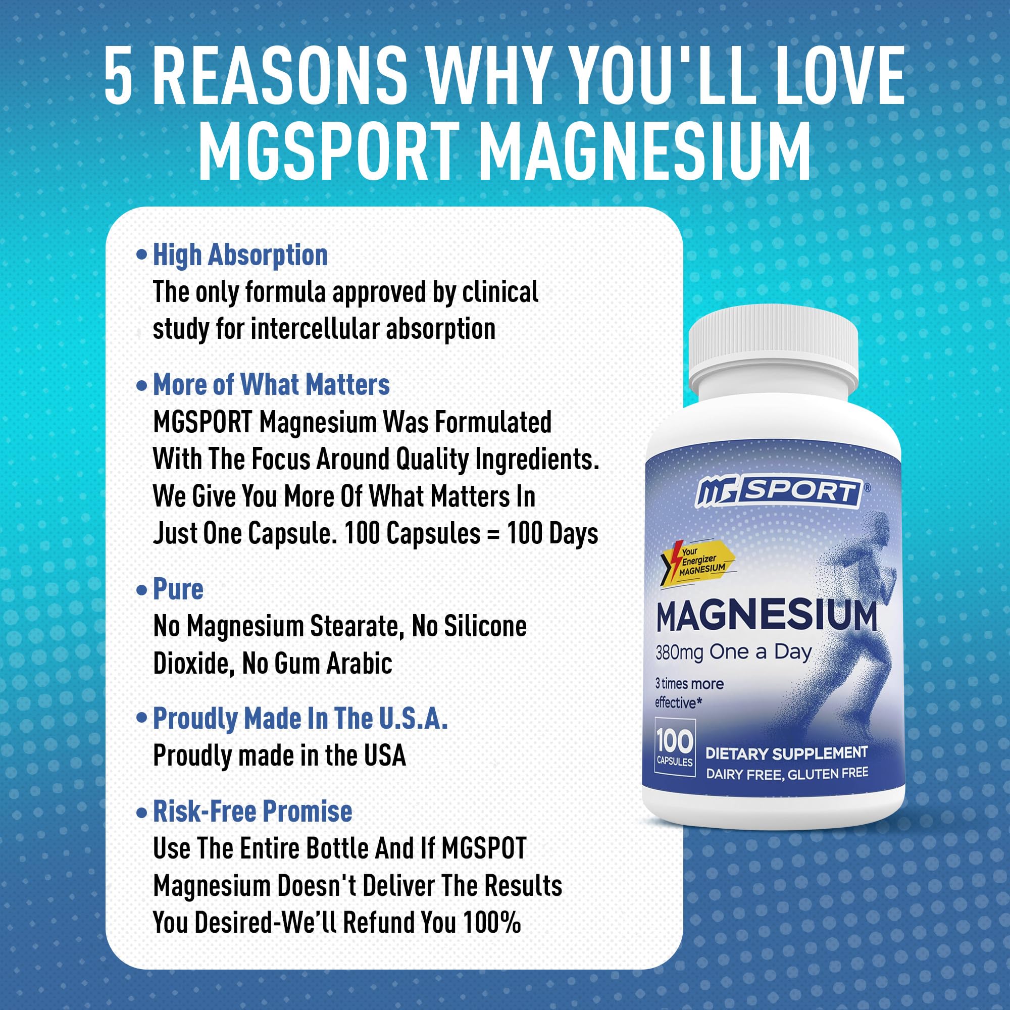 MGSPORT Magnesium Supplement 380mg - High Absorption Magnesium Complex Formula with Vitamins B6, D, E - Supports Muscle Function and Sleep Quality - 100 Servings MgSport Au supplements