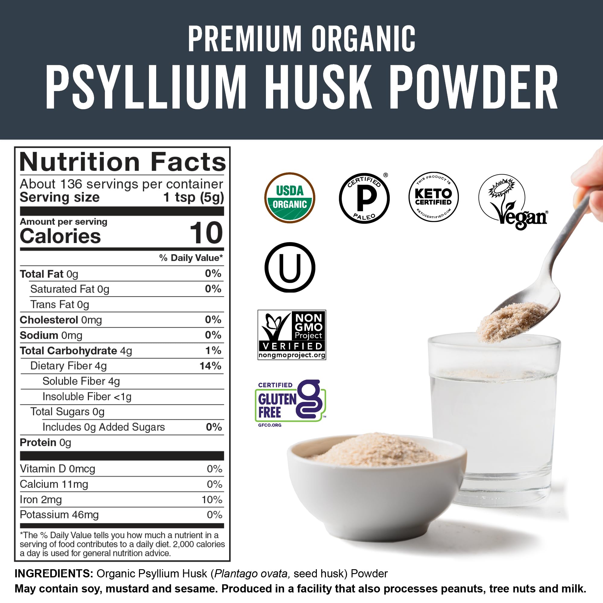 Viva Naturals Organic Psyllium Husk Powder, 24 oz – Finely Ground, Unflavored, Vegan, Keto, Paleo, Non-GMO Plant-Based Superfood, Good Source of Fiber for Gluten-Free Baking, Juices & Smoothies
