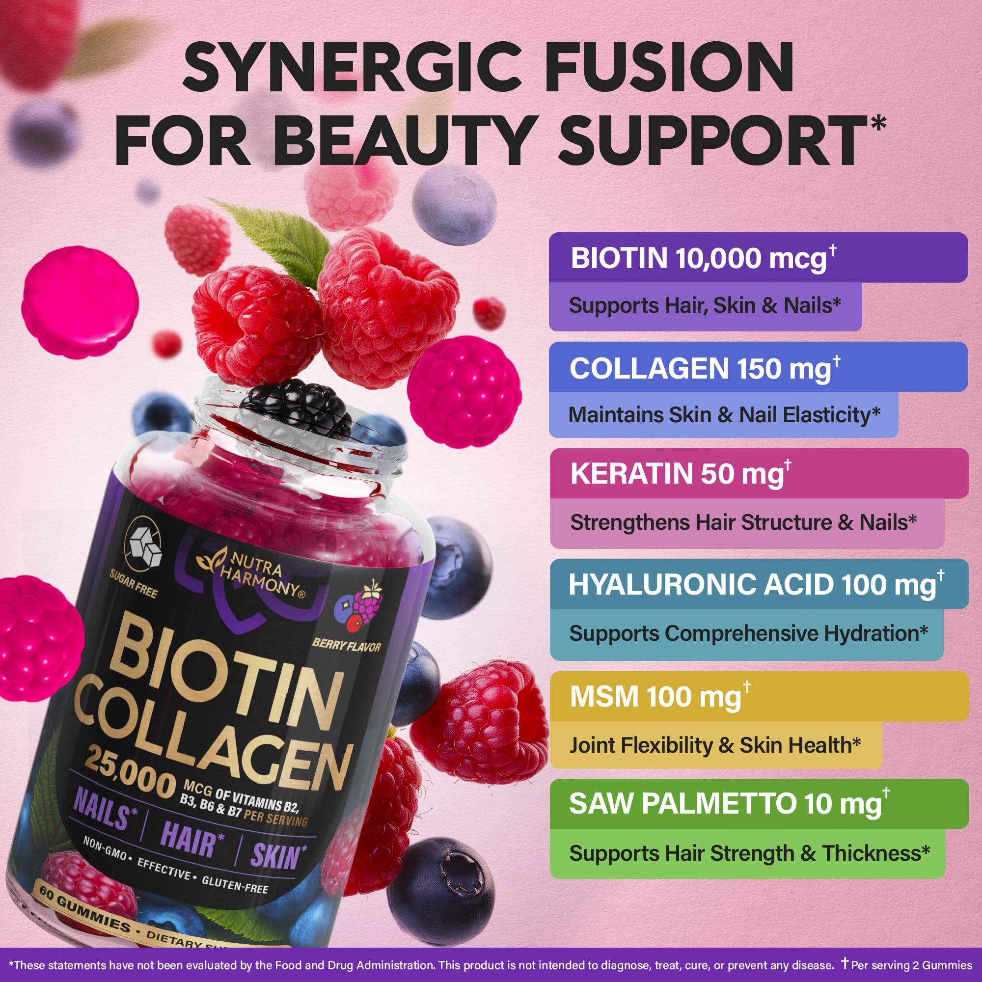 Biotin Gummies with Collagen - Hair Growth Support Skin, & Nail Strength - for Women & Men - Biotin 10000mcg | Keratin | Hyaluronic Acid | B-Complex | Saw Palmetto