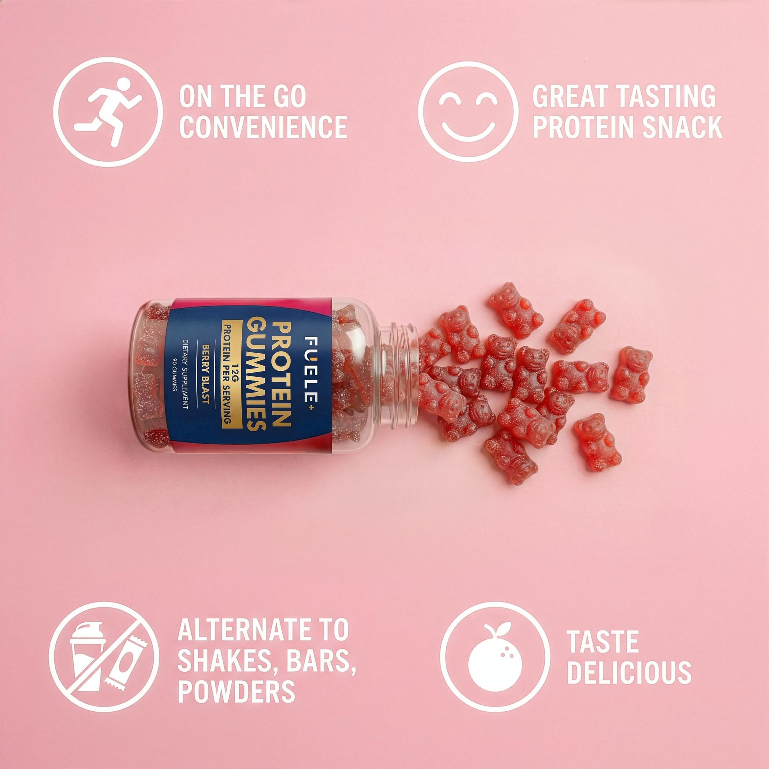 FUELE+ Protein Gummies – 12g High Protein Snack, Mixed Berry Flavor, No Added Sugar, Whey Protein Gummies, Supports Muscle Recovery, Post Workout Supplement