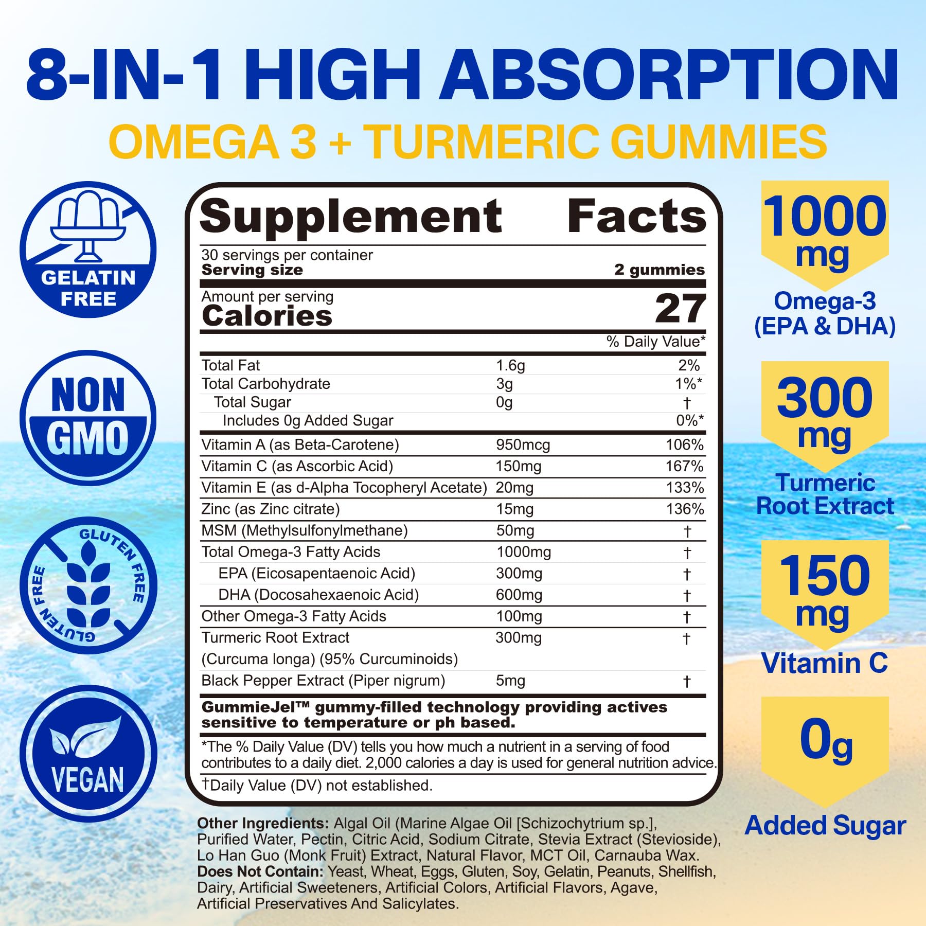 Vegan Omega-3 Gummies 1000mg + Turmeric - Omega 3 Fish Oil Alternative for Adults - Algae DHA 600mg & EPA 300mg