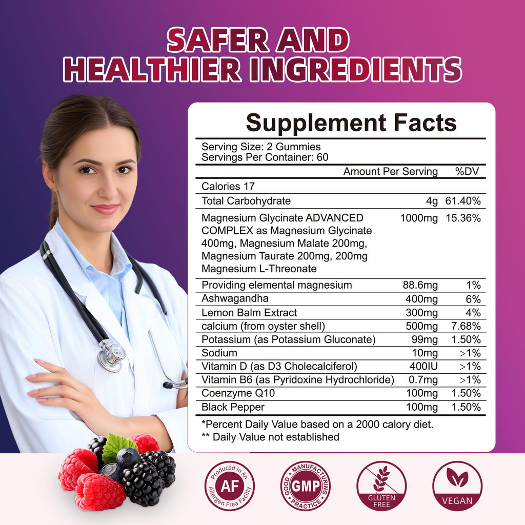 120 CT Magnesium Glycinate Gummies 1000 mg for Women and Men, Magnesium Malate & Taurate Supplements for Sleep, Body Support and Relaxation, Sugar Free