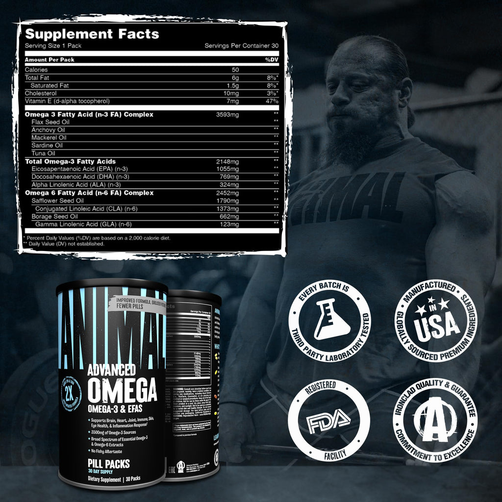 Animal Advanced Omega 3 Fatty Acids - 3500mg EPA DHA Fish Oil Omega 3 Supplement for Women & Men High Potency Blend with CLA GLA ALA for Brain Skin Eye Immune Joint Health 30 Pill Packs Animal Au supplements