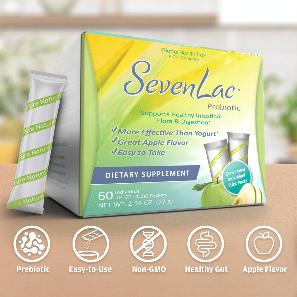 Global Health Trax SevenLac Apple Probiotic Powder Drink Mix, Probiotics for Women, Men, and Kids – Smooth Digestive Support - Relieves Constipation and Gas – 60 Packets, 2.54 Oz, Non-GMO, Gluten-Free ght Global Health Trax Au supplements