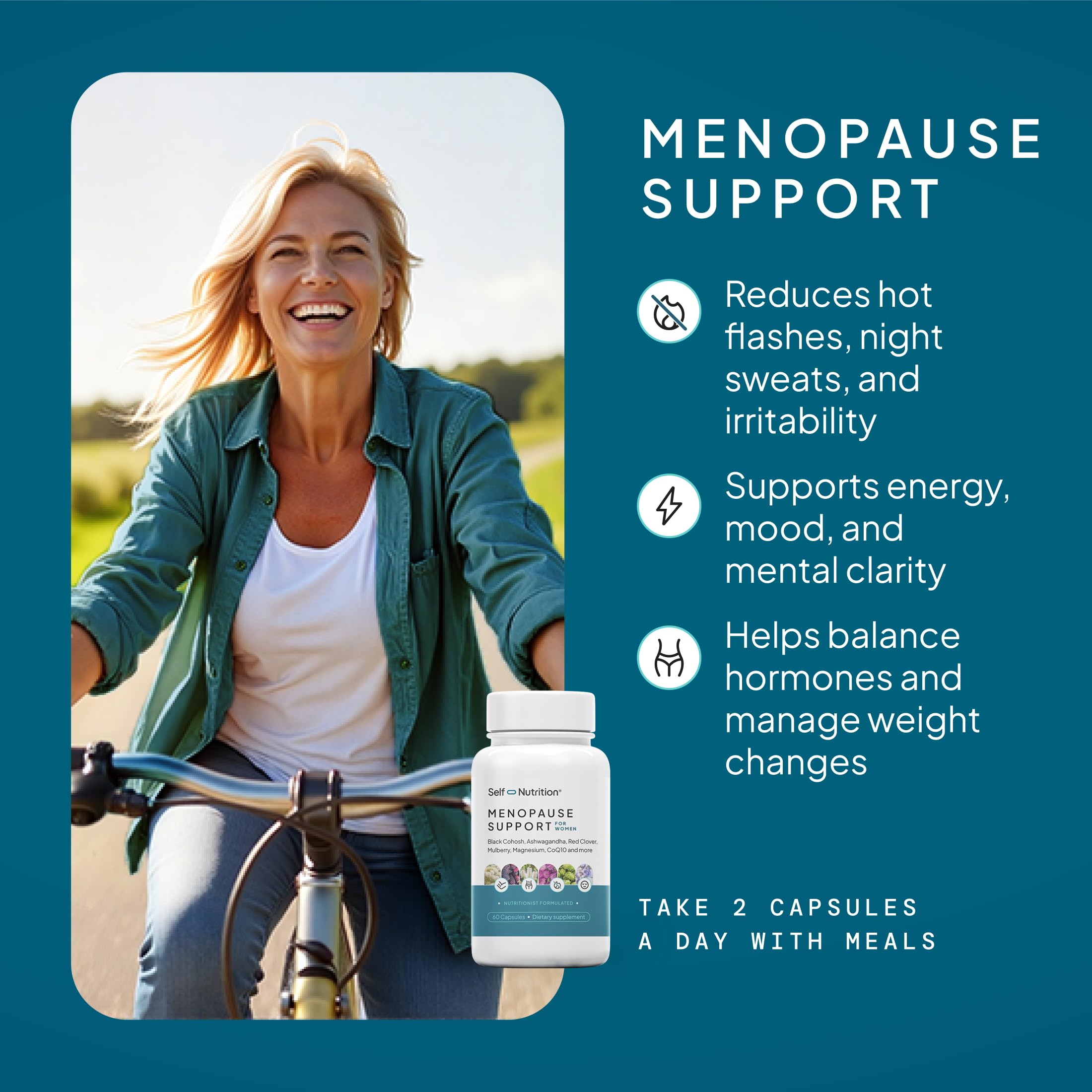 SELF NUTRITION Menopause Support for Women -All-Natural, Hormone-Free Perimenopause & Menopause Support. Unique Blend for Hot Flashes, Mood, Energy, Sleep & More. Vegan, Gluten-Free, 60 Capsules. SELF NUTRITION Au supplements