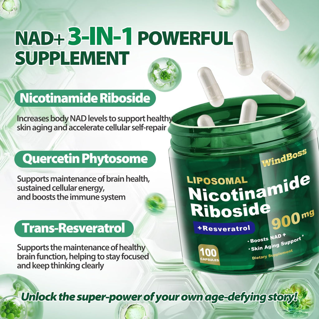 Windboss Liposomal NAD+ Supplement with Nicotinamide Riboside & Resveratrol, NAD Booster for Cellular Energy, Anti-Aging & Metabolism – NMN Alternative, NAD Supplement for Men & Women – 2pcs Windboss Au supplements