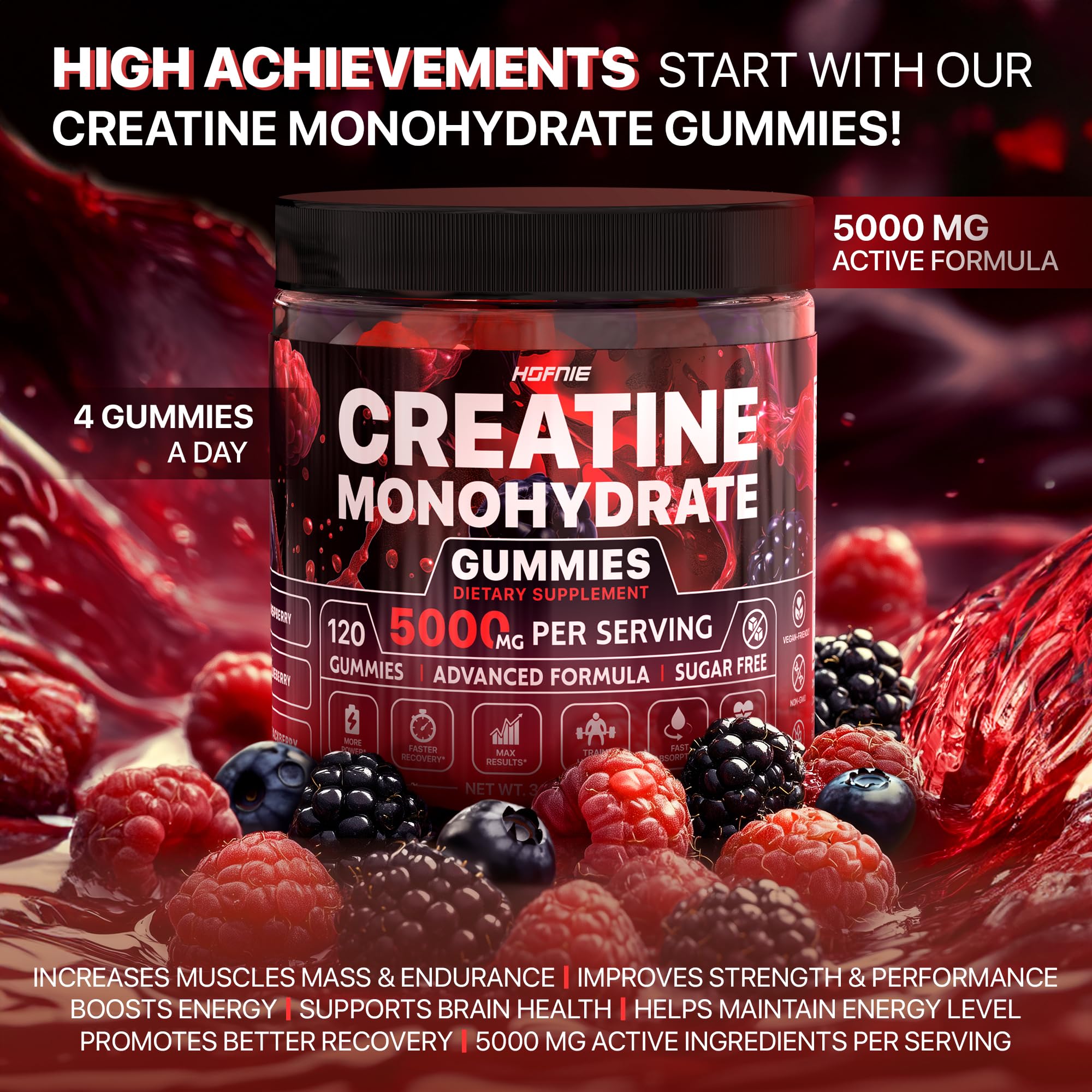 Hofnie Creatine Monohydrate Gummies 5000 mg – Vegan, Sugar-Free Pre Workout Creatine for Men & Women – Raspberry & BlackBerry Flavored Chewable Creatine Monohydrate, 120 Gummies (30-Day Supply) Hofnie Au supplements
