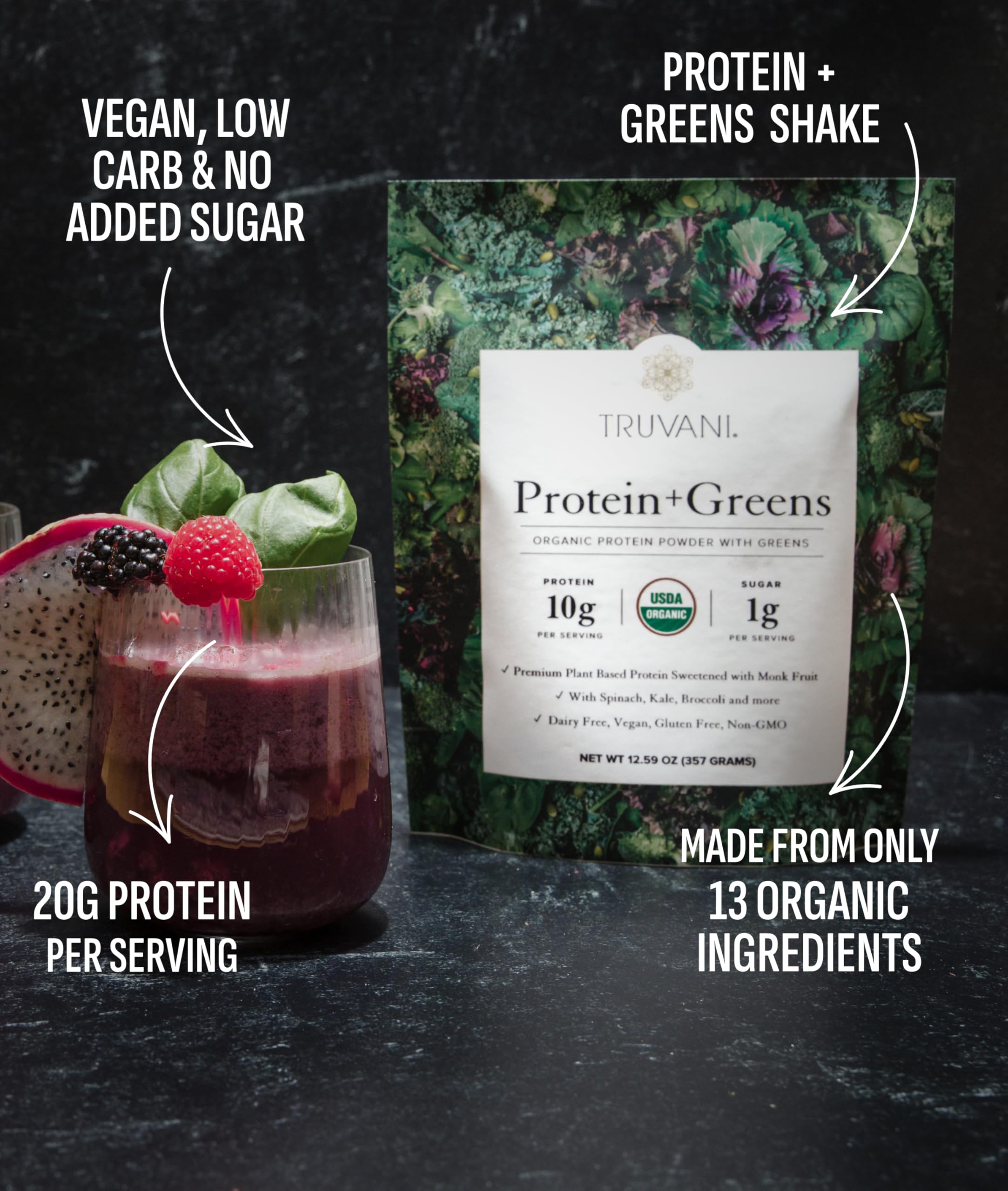 Truvani Protein + Greens Supplement | Spinach, Kale & Broccoli | 10g Organic Plant Based Protein | 20 Servings | USDA Organic | Gluten & Dairy Free