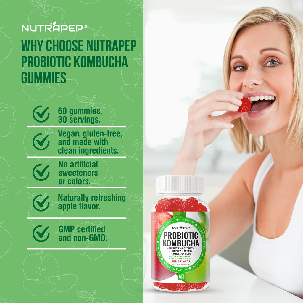 NutraPep Probiotic Kombucha Gummies - Women Men Probiotic Prebiotic Probiotic Blend for Gut Health Bloating Metabolism Support with Slippery Elm Bark Dandelion Root - Vegan Gluten Free Apple Flavor NutraPep Au supplements