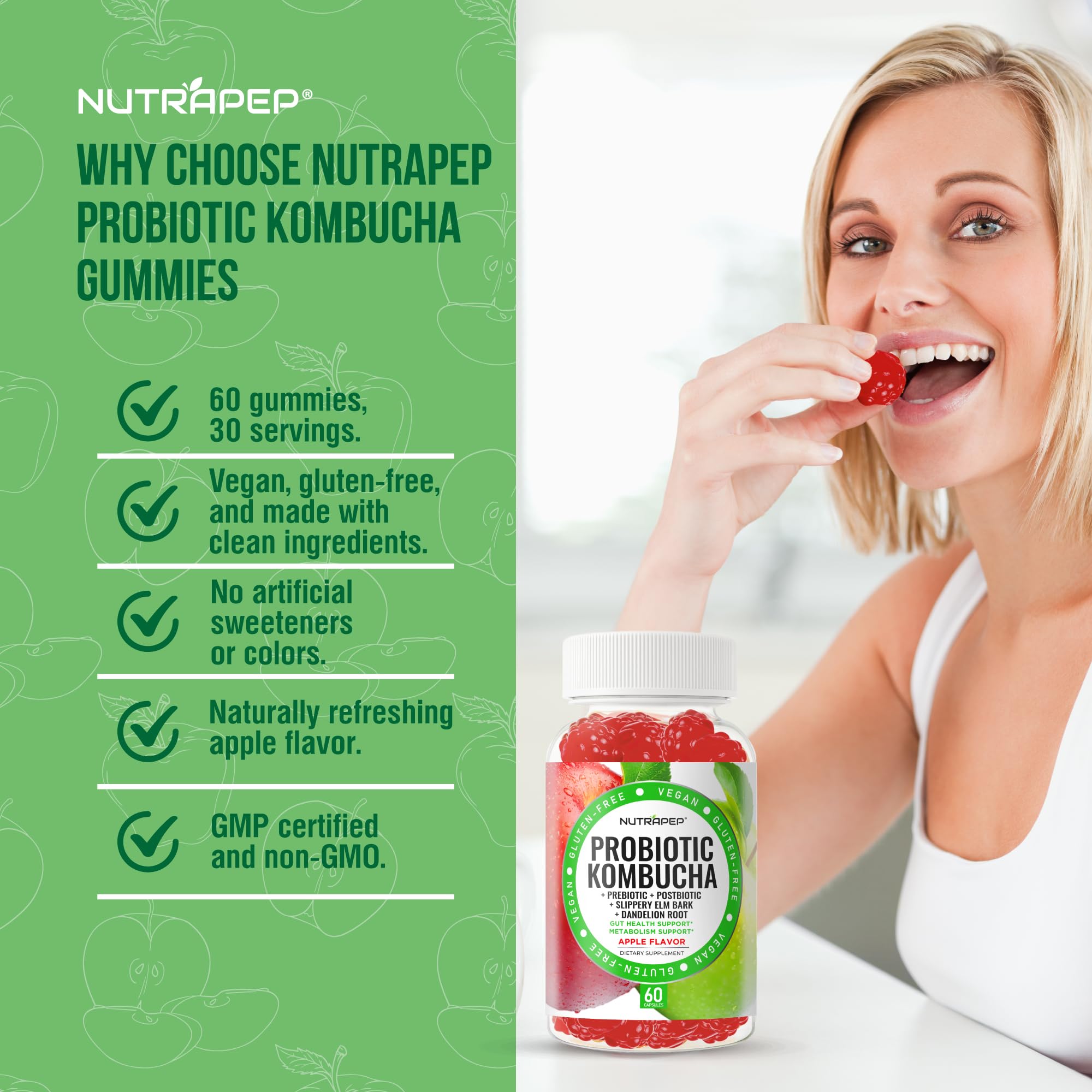 NutraPep Probiotic Kombucha Gummies - Women Men Probiotic Prebiotic Probiotic Blend for Gut Health Bloating Metabolism Support with Slippery Elm Bark Dandelion Root - Vegan Gluten Free Apple Flavor NutraPep Au supplements
