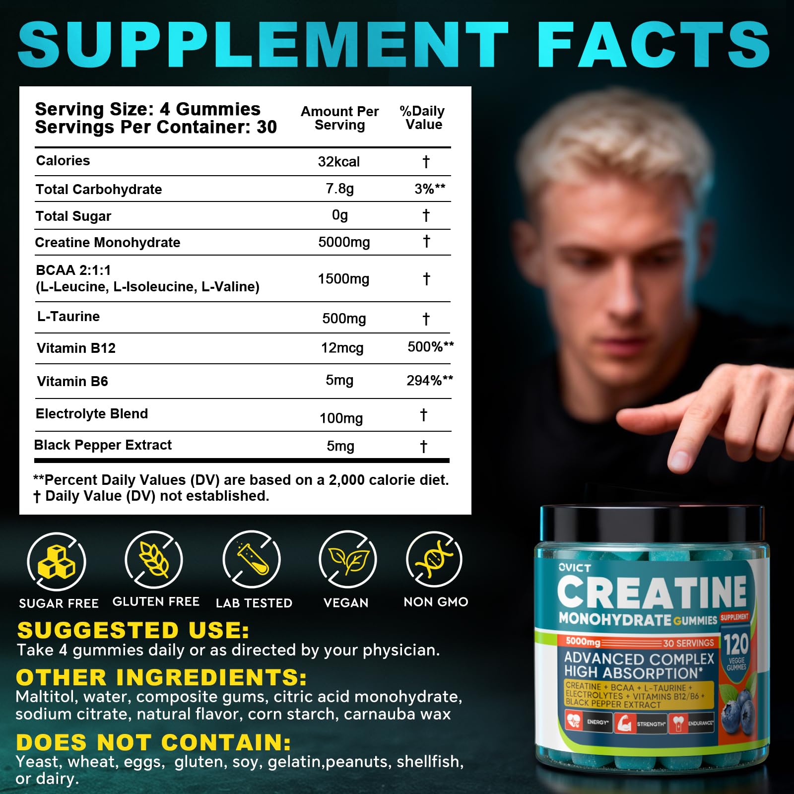 99.99% Creatine Monohydrate Gummies for Men Women 5g, 7-in-1 Pre-Workout Complex with BCAA, Taurine, B12/6 & Electrolytes, 6X Boost Energy, Muscle Strength & Recovery