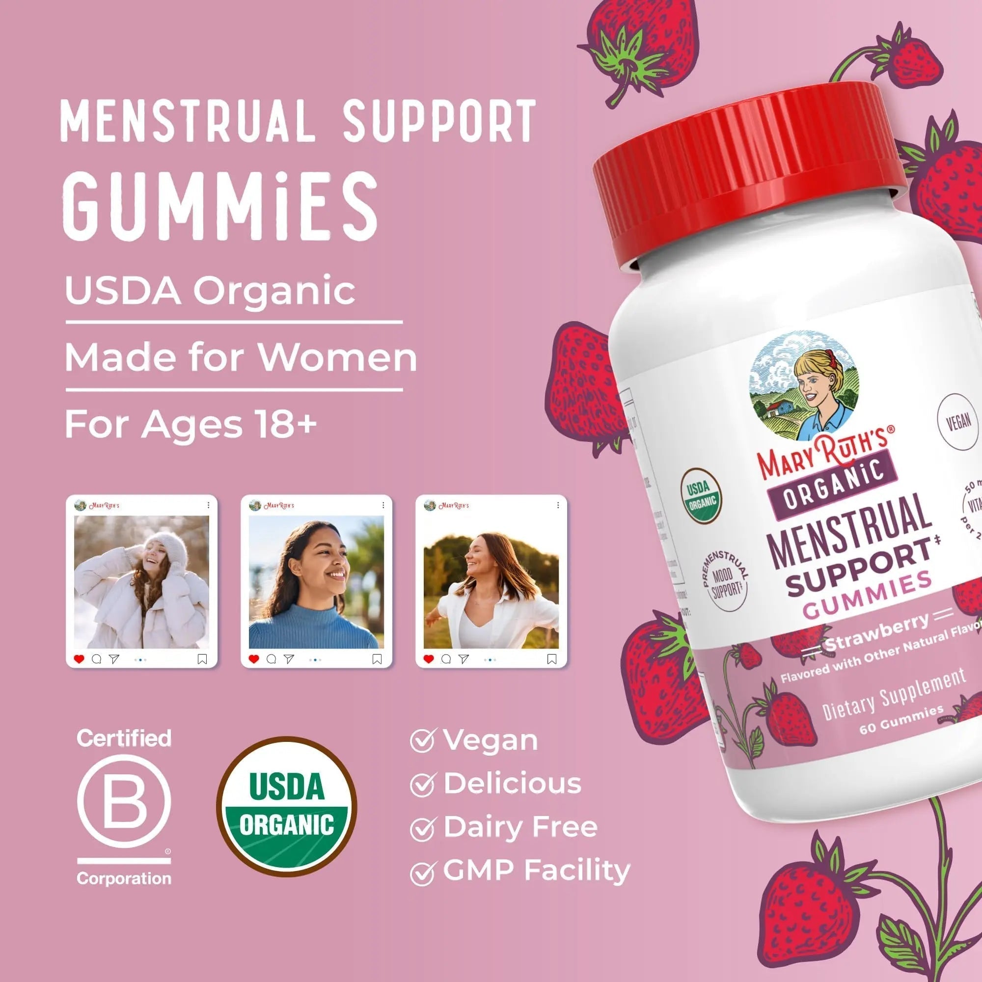 Organic Menstrual Support Gummies by MaryRuth's | for The Relief of Common Symptoms of Premenstrual Syndrome | PMS Support | Premenstrual Mood Support | USDA Organic | Non-GMO | Vegan | 30 Servings MARYRUTH'S Au supplements