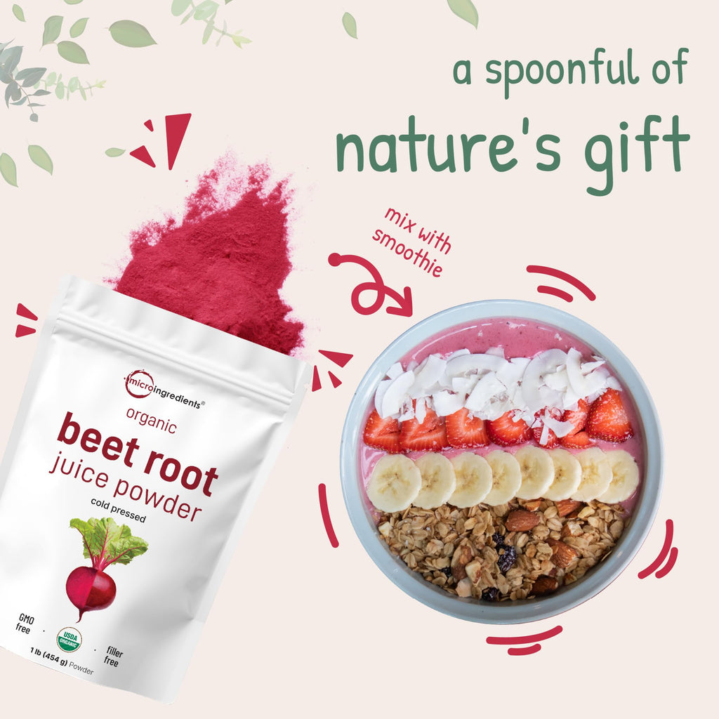 Micro Ingredients Organic Beet Root Juice Powder, 1 Pound | Cold Pressed, Water Soluble, High Concentrated Raw Beet Supplement | Superfood Drink Mix