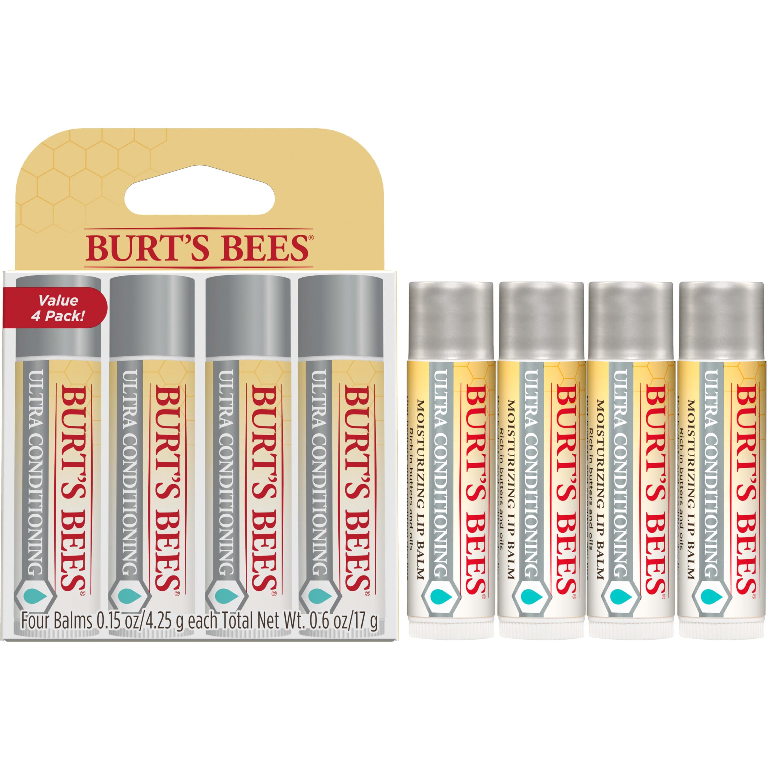 Burt's Bees Lip Balm, Moisturizing Lip Care, 100% Natural Origin, Ultra Conditioning with Shea, Cocoa & Kokum Butter (4 Pack)
