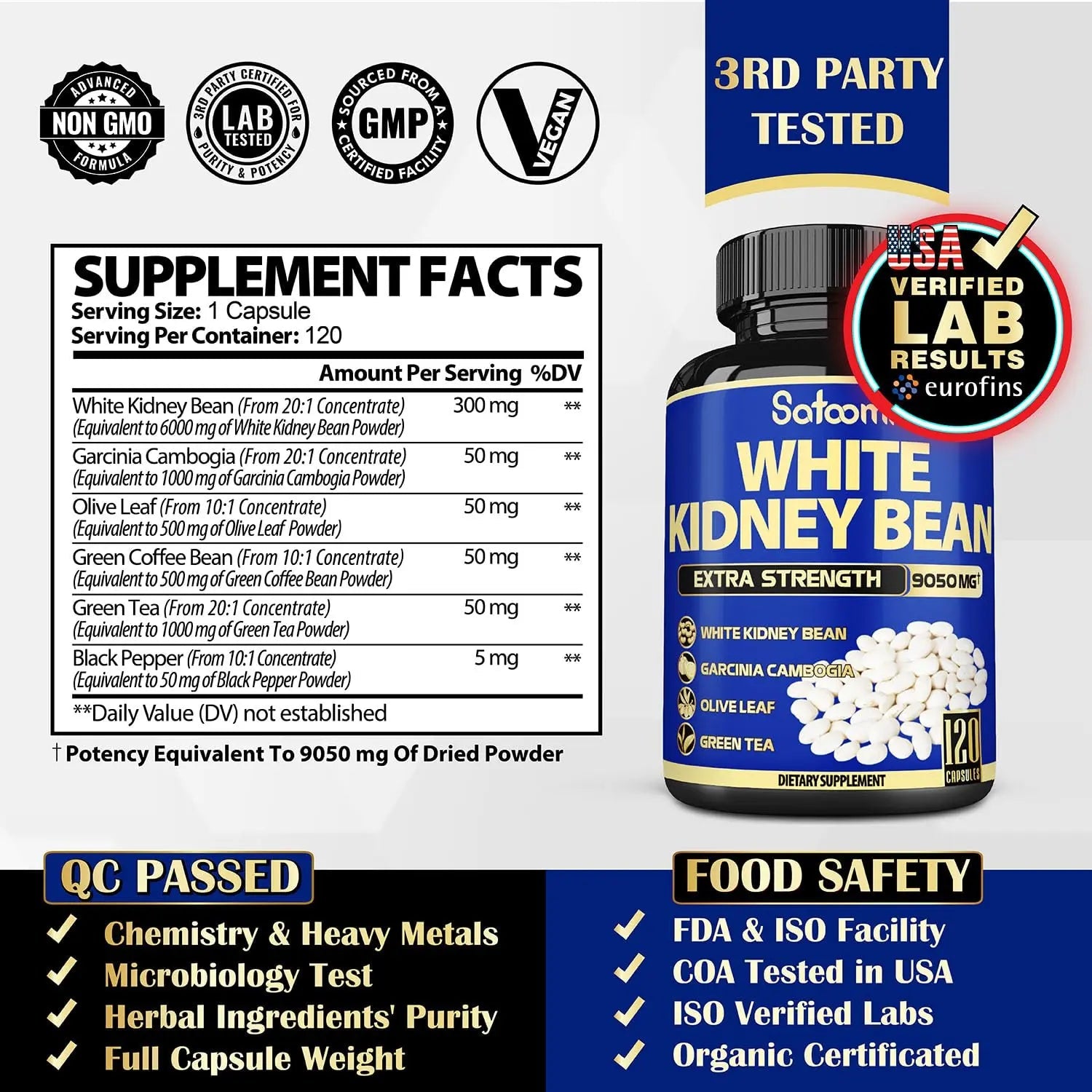 6in1 White Kidney Bean Extract Capsules 9050 Mg - with Garcinia Cambogia, Olive Leaf Satoomi Au supplements