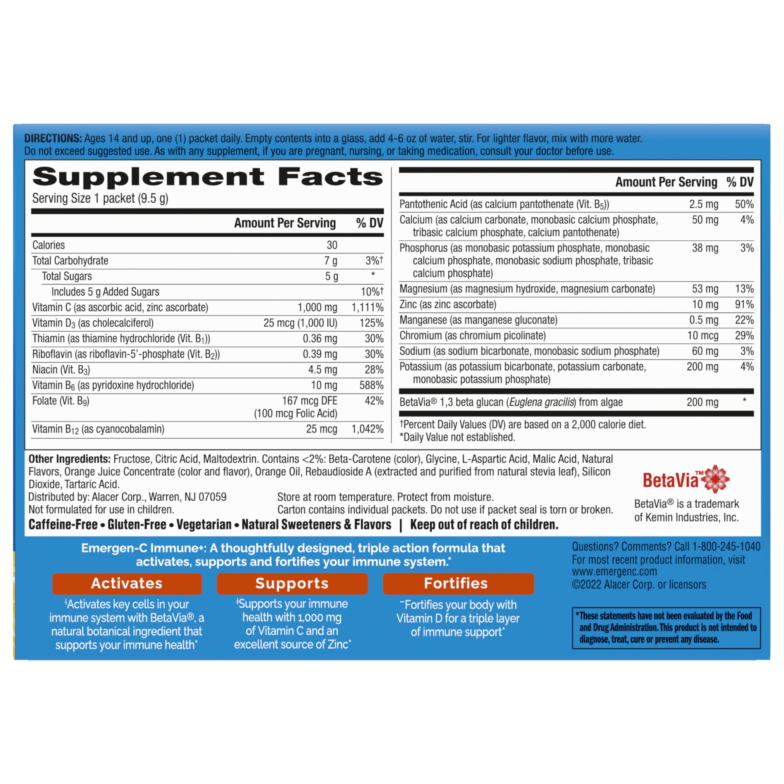 Emergen-C Immune+ Triple Action Immune Support Powder, BetaVia (R), 1000mg Vitamin C, B Vitamins, Vitamin D and Antioxidants