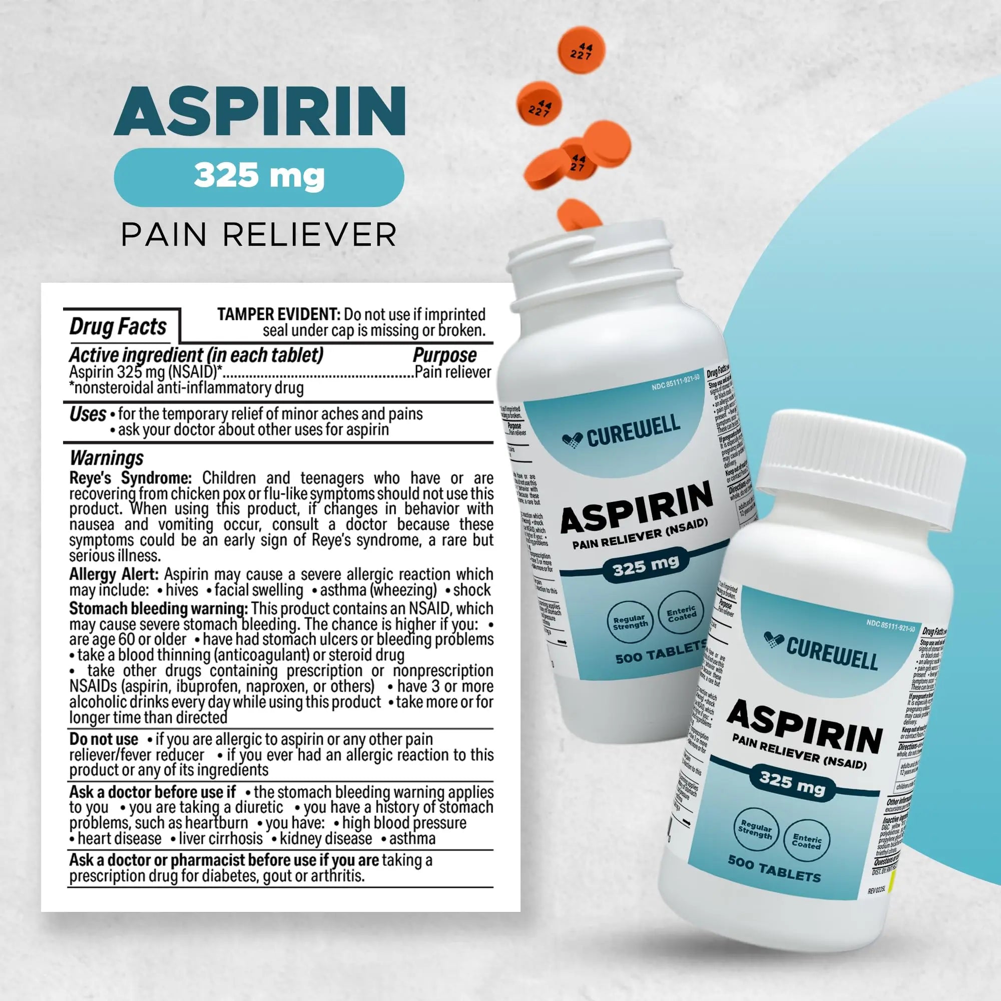 CUREWELL Enteric Coated Aspirin Tablets 325mg (500 Count) NSAID Pain Reliever & Fever Reducer Coated Aspirin for Adults - Regular Strength for Headache Arthritis Menstrual & Muscle Pain CUREWELL Au supplements
