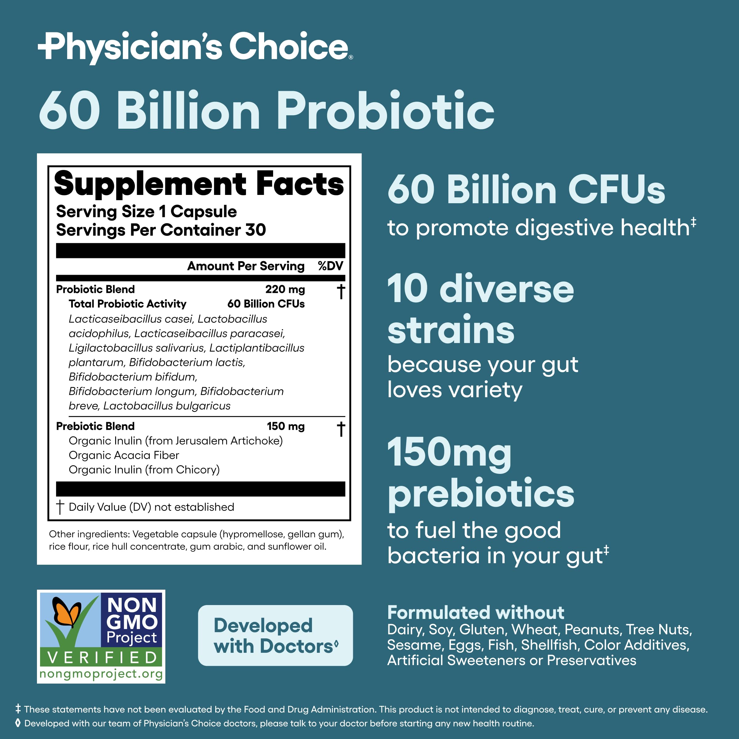 Physician's CHOICE Probiotics 60 Billion CFU - 10 Strains + Organic Prebiotics - Immune, Digestive & Gut Health - Supports Occasional Constipation, Diarrhea, Gas & Bloating - for Women & Men - 30ct Physician's CHOICE Au supplements
