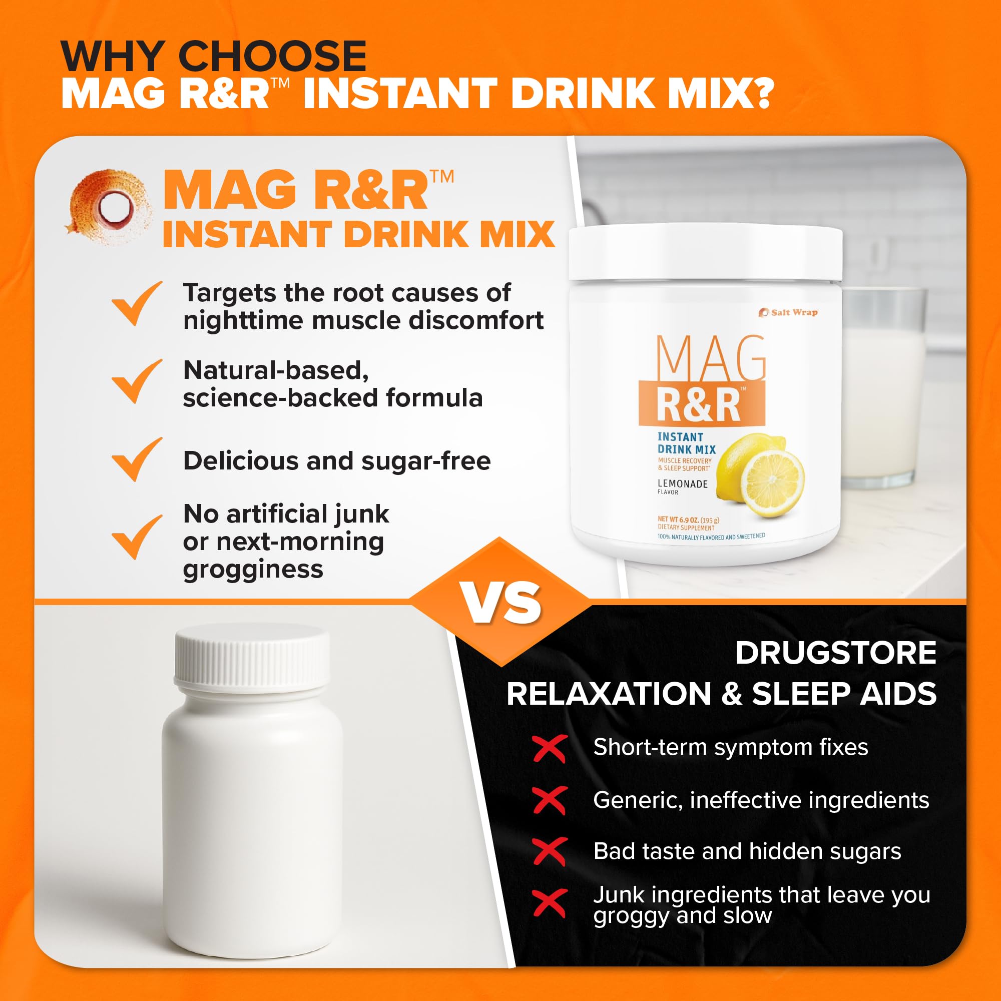 SaltWrap Mag R&R Instant Drink Mix - Sugar-Free Nighttime Magnesium Glycinate Powder with Stevia & FiberSMART® - Muscle Cramp & Leg Cramps Relief, Sleep & Relaxation Support - 30 Servings SaltWrap Au supplements