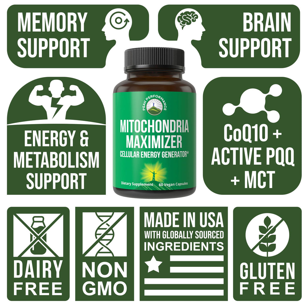 Peak Performance Mitochondria Maximizer with CoQ10 and Active PQQ. Best Mitochondrial Support Supplement with MCT Oil. Natural Cellular Generator for Clean, Energy Support. 60 Vegetarian Capsules Peak Performance Au supplements
