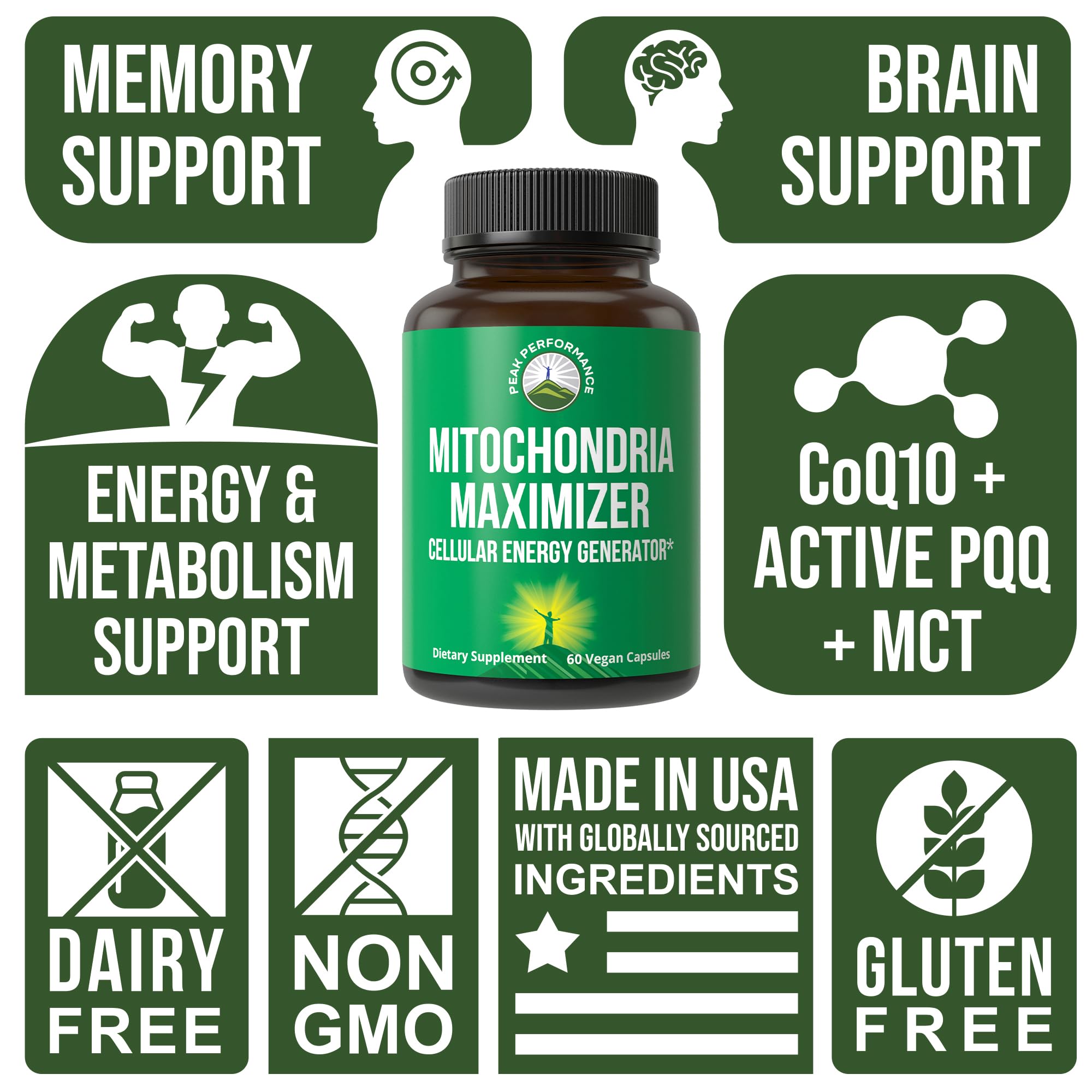 Peak Performance Mitochondria Maximizer with CoQ10 and Active PQQ. Best Mitochondrial Support Supplement with MCT Oil. Natural Cellular Generator for Clean, Energy Support. 60 Vegetarian Capsules Peak Performance Au supplements