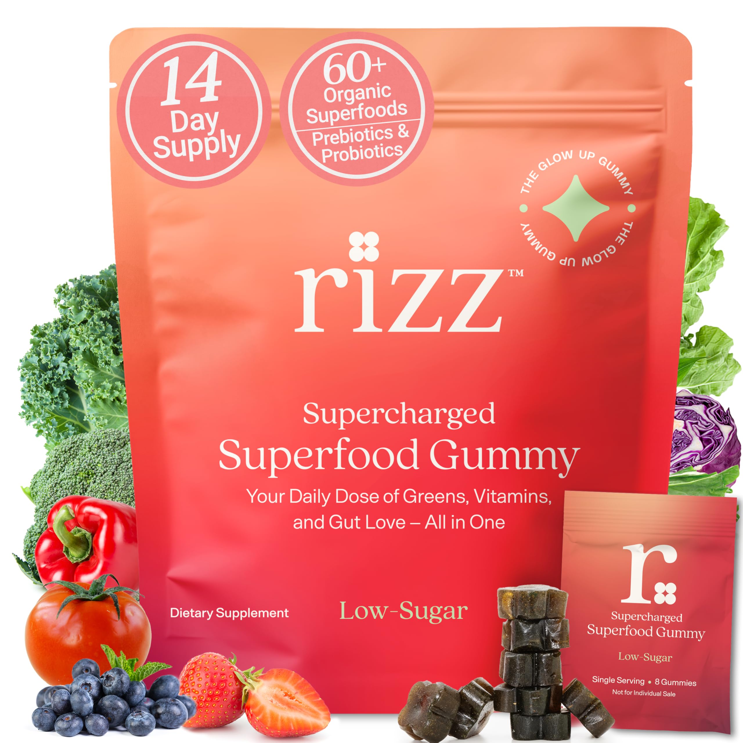 Rizz Low Sugar Green Gummies - 60+ Superfoods 6g Fiber - Prebiotic and Probiotic Gummies - Vegan Multivitamins for Women & Men - Gluten Free - Mushroom,