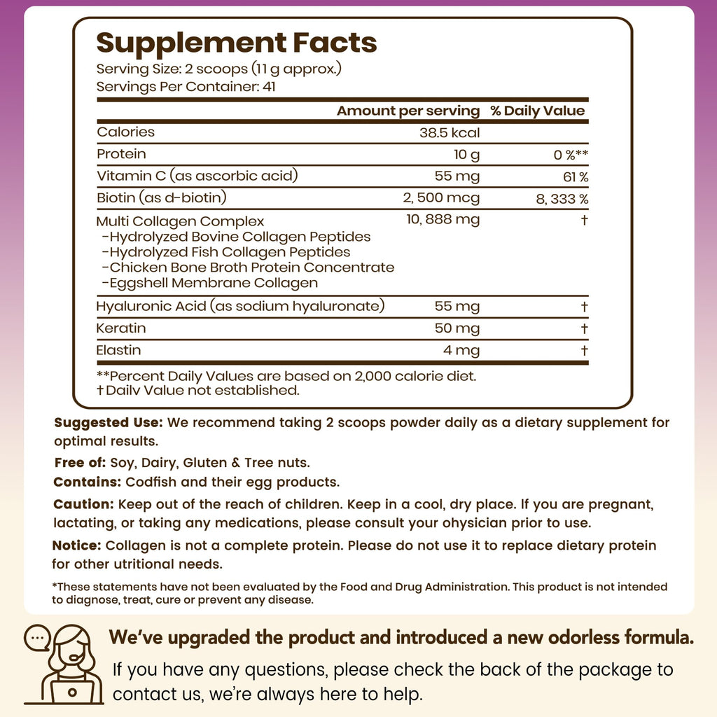 VEV Multi Collagen Peptides Powder, 16 oz (41 Servings) – Type I, II, III, V, X, Hydrolyzed Collagen, Hyaluronic Acid, Biotin, Vitamin C