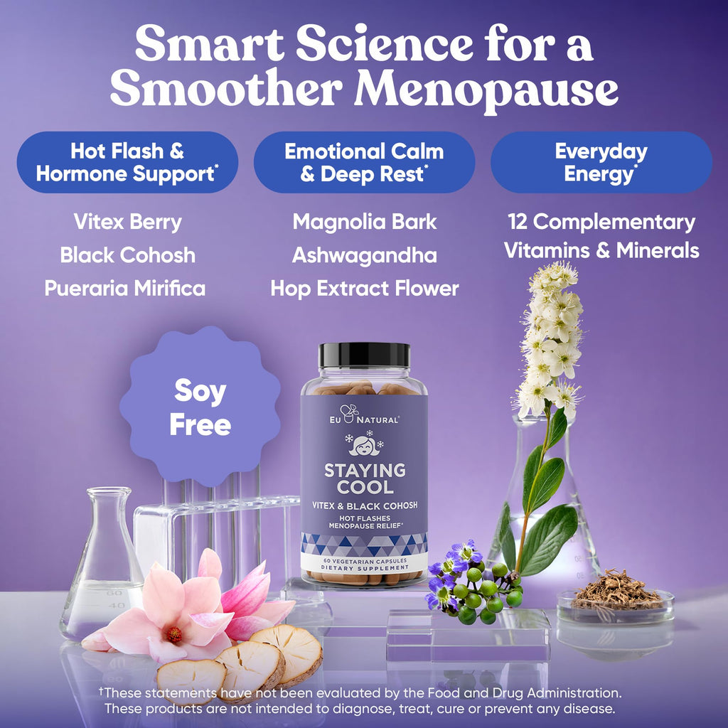 Staying Cool Menopause Supplements for Women – Hormonal Hot Flash Relief, Weight Support, & Night Sweats – Vitex Chaste Tree & Black Cohosh – 60 Vegetarian Soft Capsules Eu Natural Au supplements