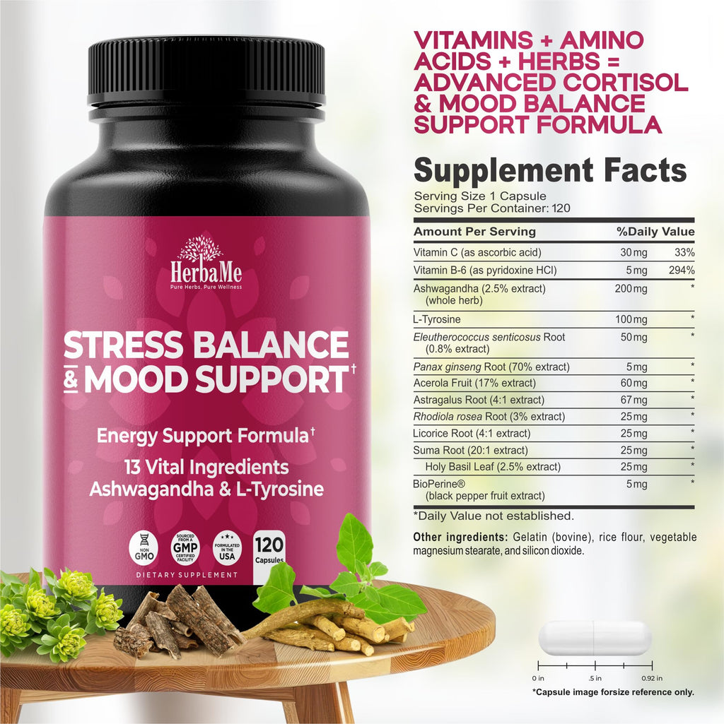 HerbaMe Cortisol Manager Supplement and Balance Mood with Ashwagandha & L-Tyrosine, 120 Capsules, Helps Maintain Healthy Energy Levels and Stress Relief, Fatigue Reducer Pills HerbaMe Au supplements