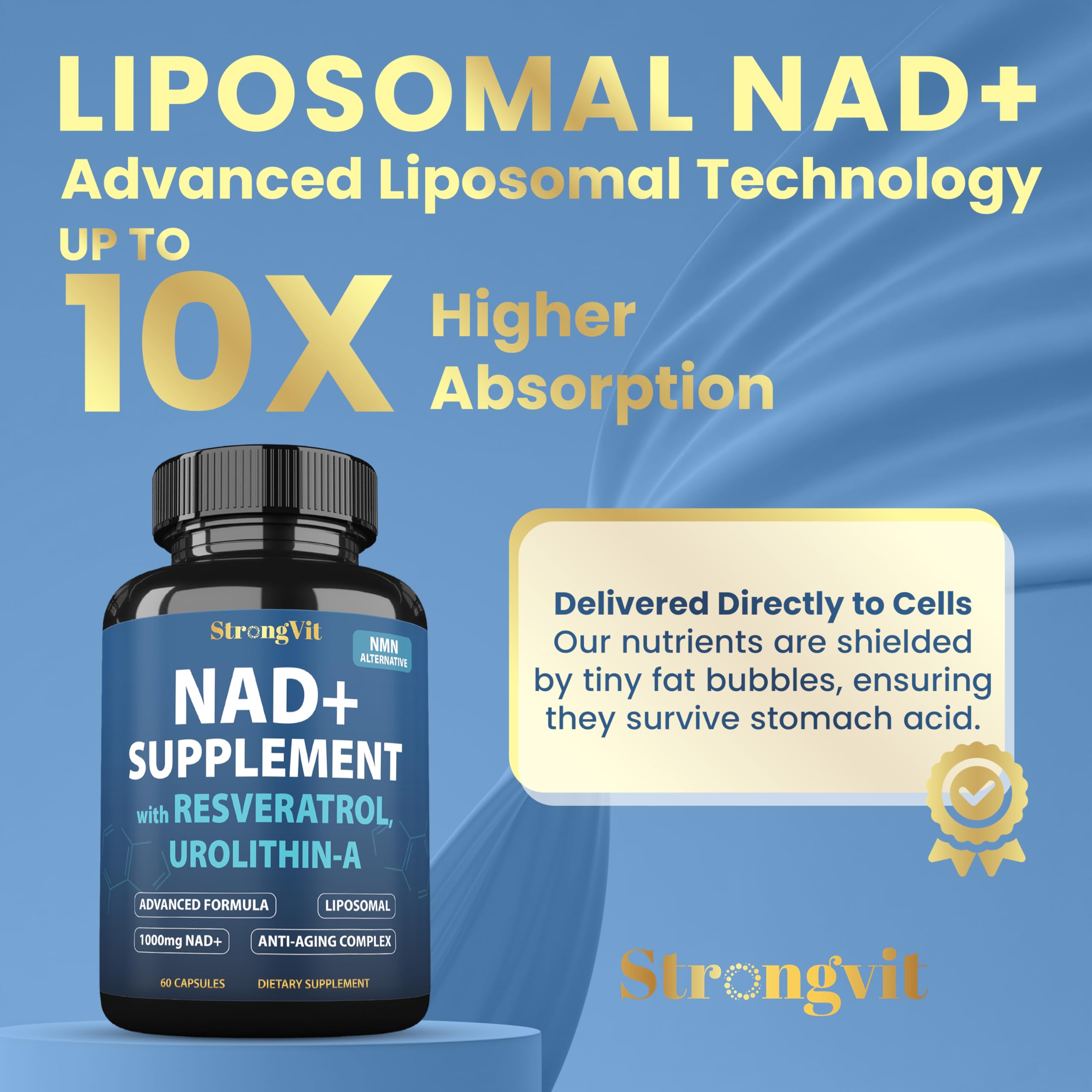 1000mg NAD Supplement with Resveratrol - Advanced Liposomal NAD+ Supplements for Men and Women - Anti-Aging Cell Regenerator - 60 NAD Plus Capsules for Energy & Cellular Health StrongVit Au supplements