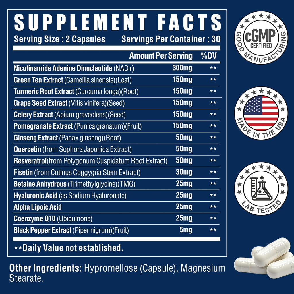 NAD+ Supplement-NMN Upgrade Alternative,NAD Resveratrol Supplement 15-in-1 CoQ10 for Man & Women–Third-Party Tested(Made & Tested in USA).Supports Cellular Energy,Healthy Aging-Non-GMO - 60 Capsules NUTRI POTENTIA Au supplements