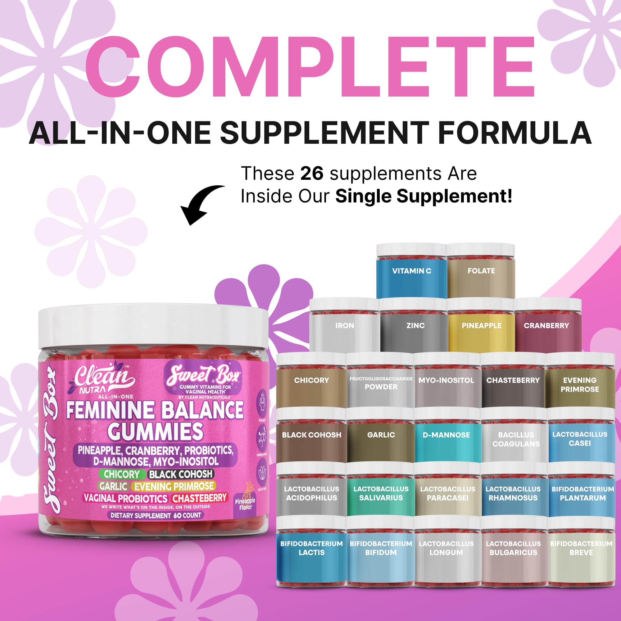 Clean Nutra Feminine Balance Gummies for Women Pineapple VaginalProbiotics pH Balance Cranberry D Mannose Supplement Inositol Black Cohosh Evening Primrose Garlic Vitex GLA Prebiotics Folate 60ct Clean Nutraceuticals Au supplements