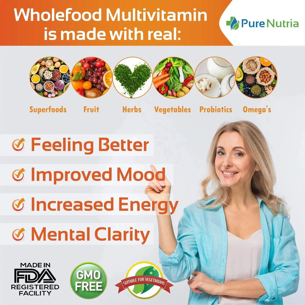Whole Food MultiVitamin and Minerals with Probiotic Enzymes - 120 Multivitamins for Women and Men - Packed with WholeFood and Herbal Ingredients PureNutria Au supplements