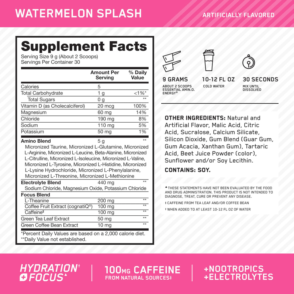 Optimum Nutrition Amino Energy Powder Plus Focus, with BCAA, Electrolytes, and Caffeine, Watermelon, 30 Servings (Packaging May Vary)