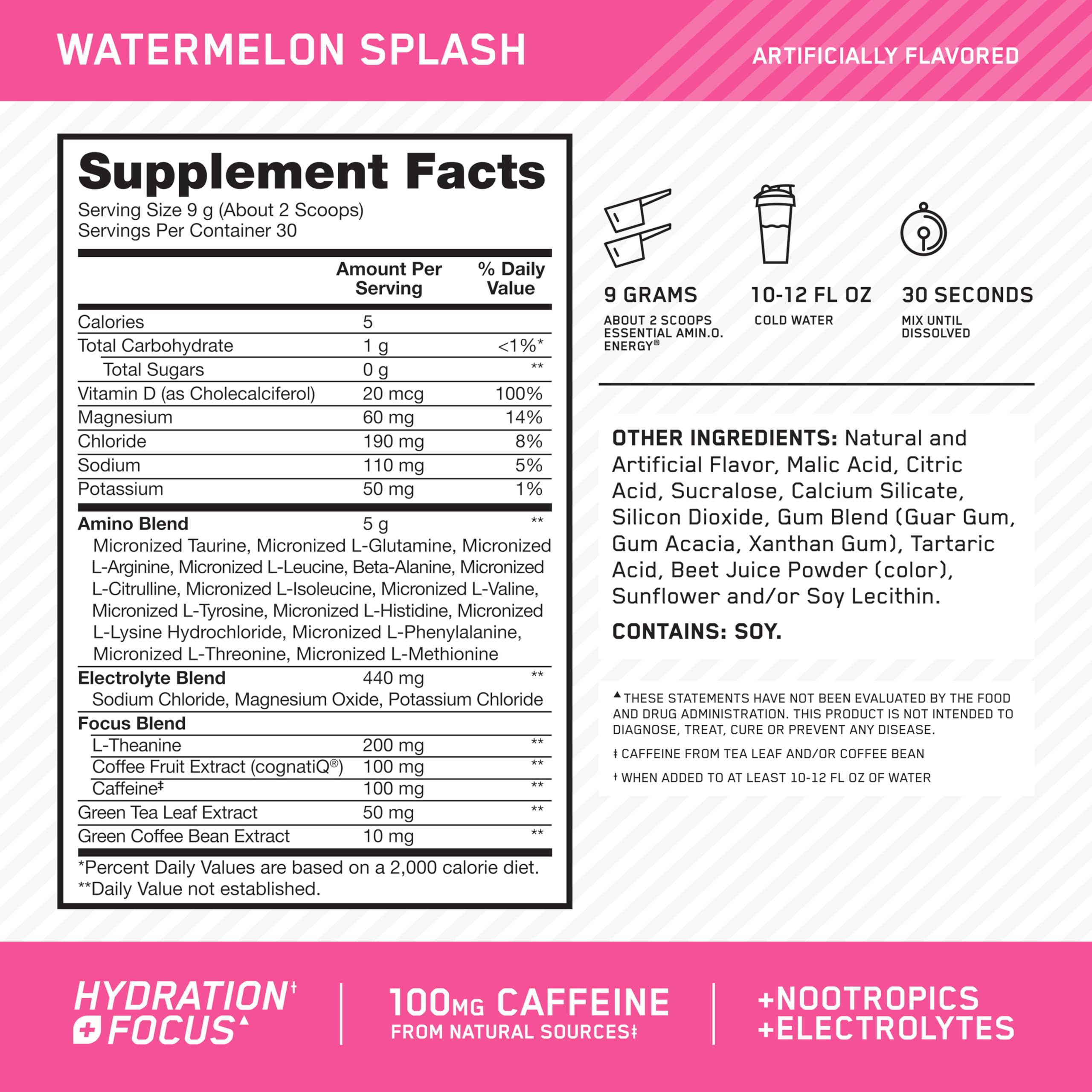 Optimum Nutrition Amino Energy Powder Plus Focus, with BCAA, Electrolytes, and Caffeine, Watermelon, 30 Servings (Packaging May Vary)