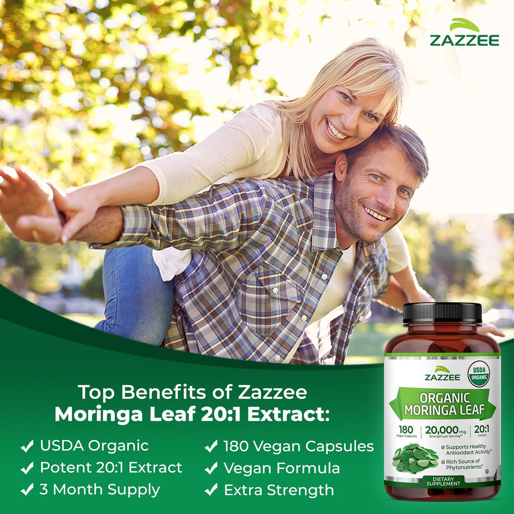 Zazzee USDA Organic Moringa Leaf 20:1 Extract, 180 Vegan Capsules, 3 Month Supply, Certified Kosher, Moringa Oleifera, Antioxidant, Immune & Cellular Support