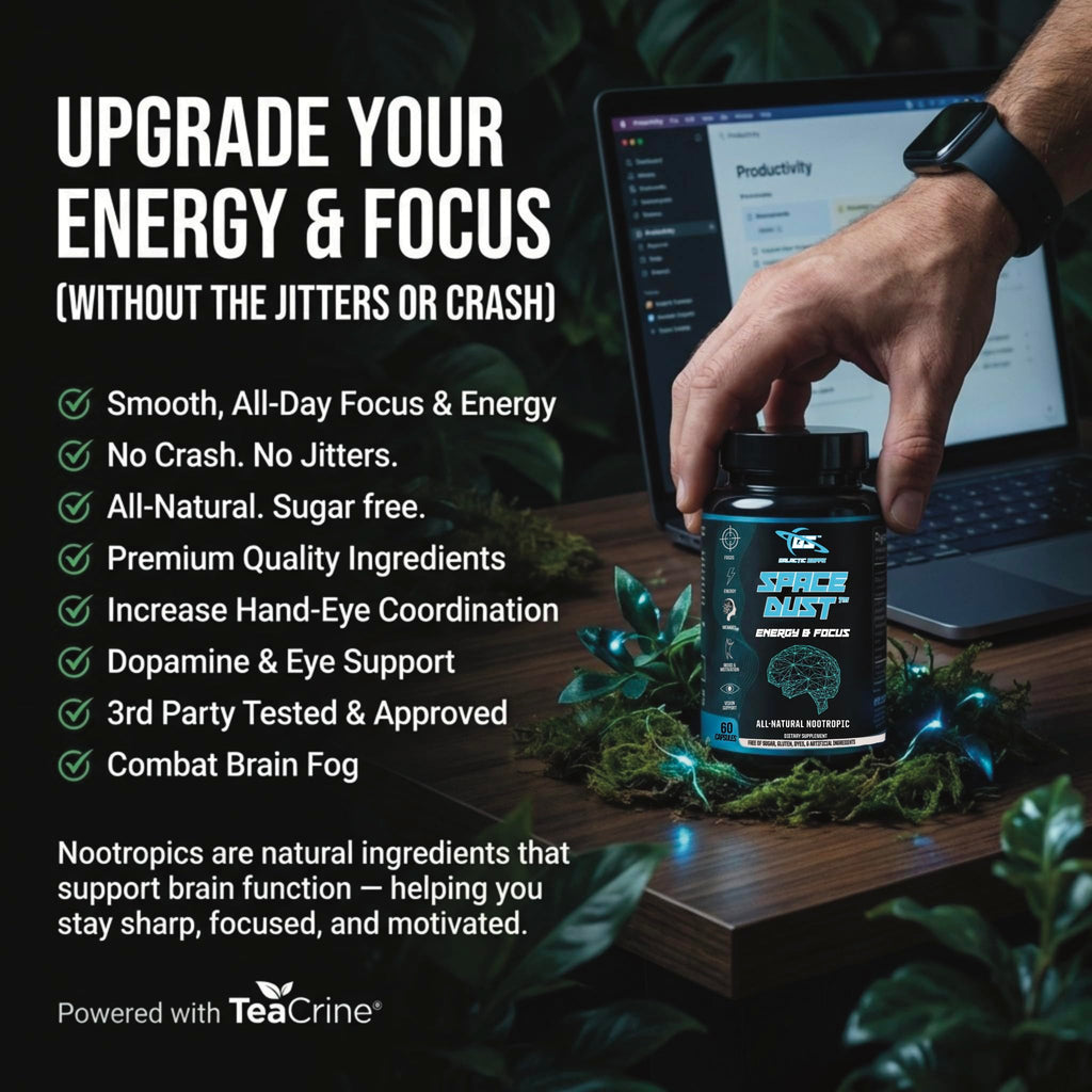 Space Dust Brain Supplements for Memory and Focus – Nootropic Focus Supplement for Brain Health & Mind Boost with TeaCrine, Caffeine, L-Tyrosine, L-Theanine – Cognitive Support Capsules, 60 Count GALACTIC SUPPS Au supplements