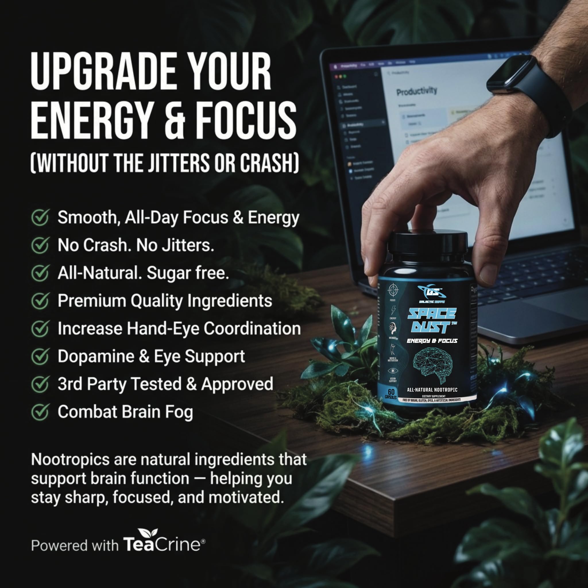 Space Dust Brain Supplements for Memory and Focus – Nootropic Focus Supplement for Brain Health & Mind Boost with TeaCrine, Caffeine, L-Tyrosine, L-Theanine – Cognitive Support Capsules, 60 Count GALACTIC SUPPS Au supplements