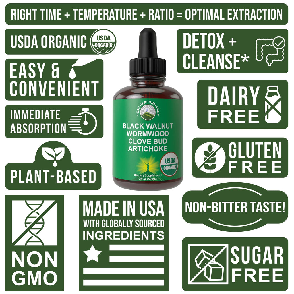 USDA Organic Wormwood Black Walnut Clove Drops Cleanse for Humans. Sugar Free Supplement for Intestinal Cleanse, Detox Support for Adults and Kids. with Artichoke and Clove Bud. Kosher, No GMOs Peak Performance Au supplements