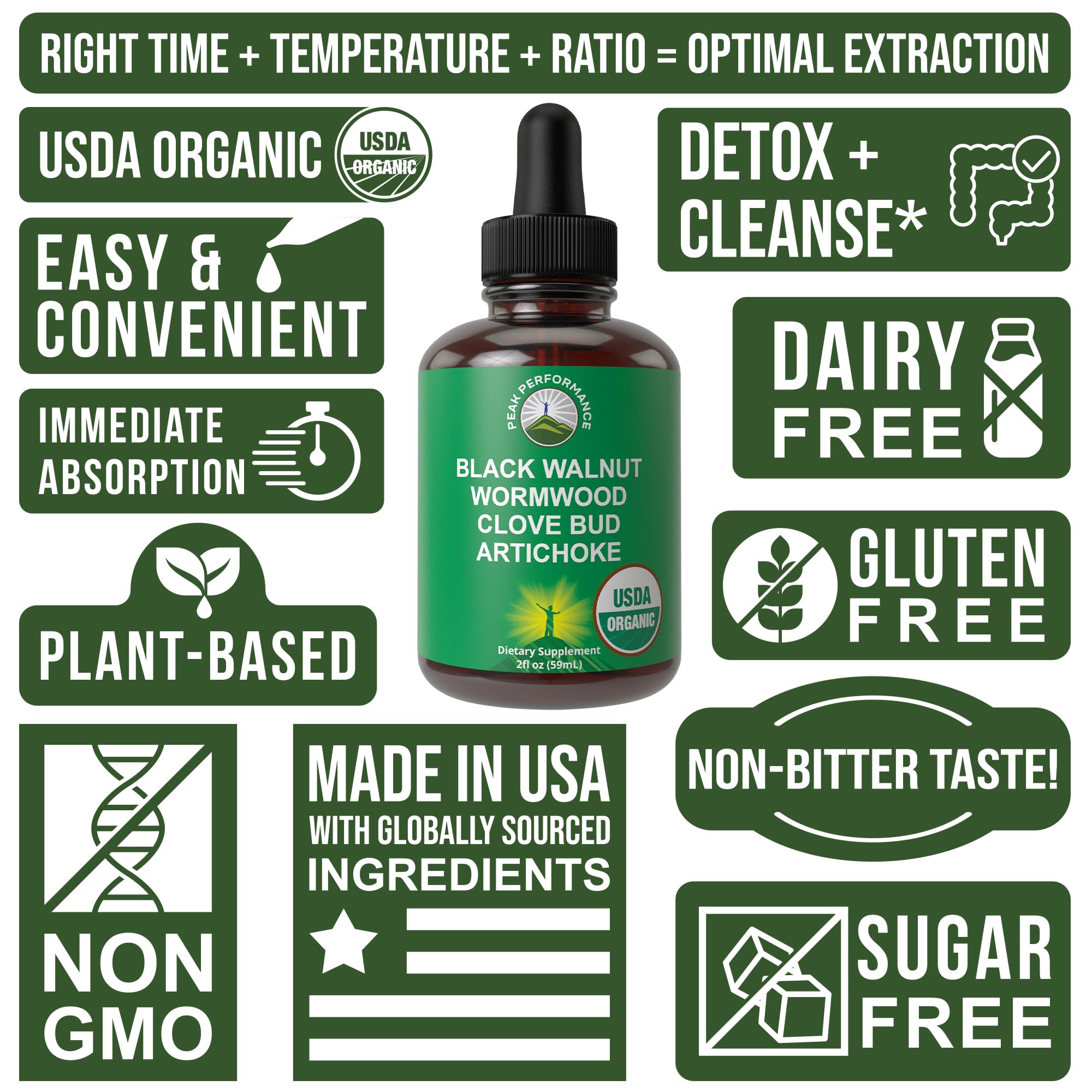 USDA Organic Wormwood Black Walnut Clove Drops Cleanse for Humans. Sugar Free Supplement for Intestinal Cleanse, Detox Support for Adults and Kids. with Artichoke and Clove Bud. Kosher, No GMOs Peak Performance Au supplements