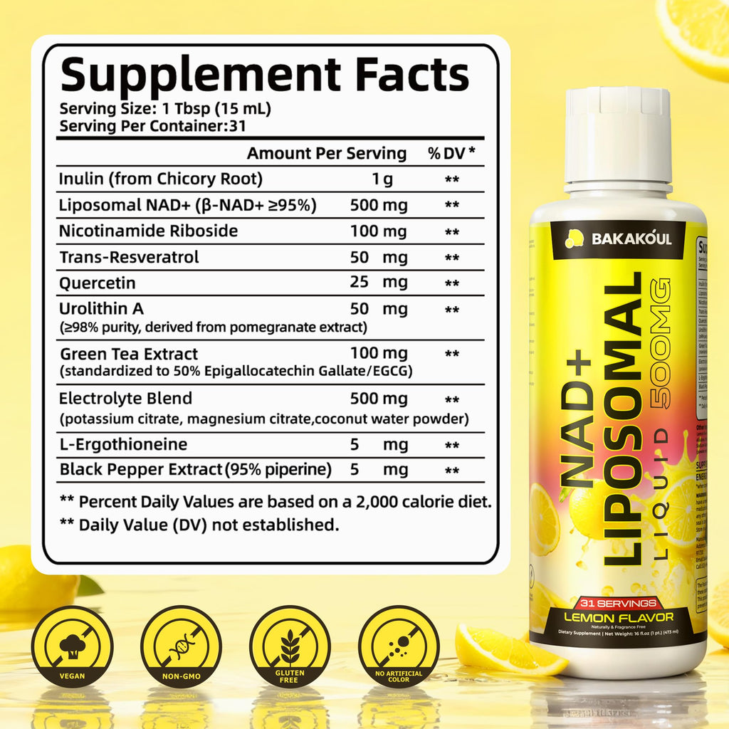 Liposomal NAD+ Liquid Supplement - Designed to Help Support Absorption - Nhanced Cellular Uptake, Helps Support Normal Cellular Health, Supports Cellular Energy Metabolism and Vitality - Lemon Flavor BAKAKOUL Au supplements